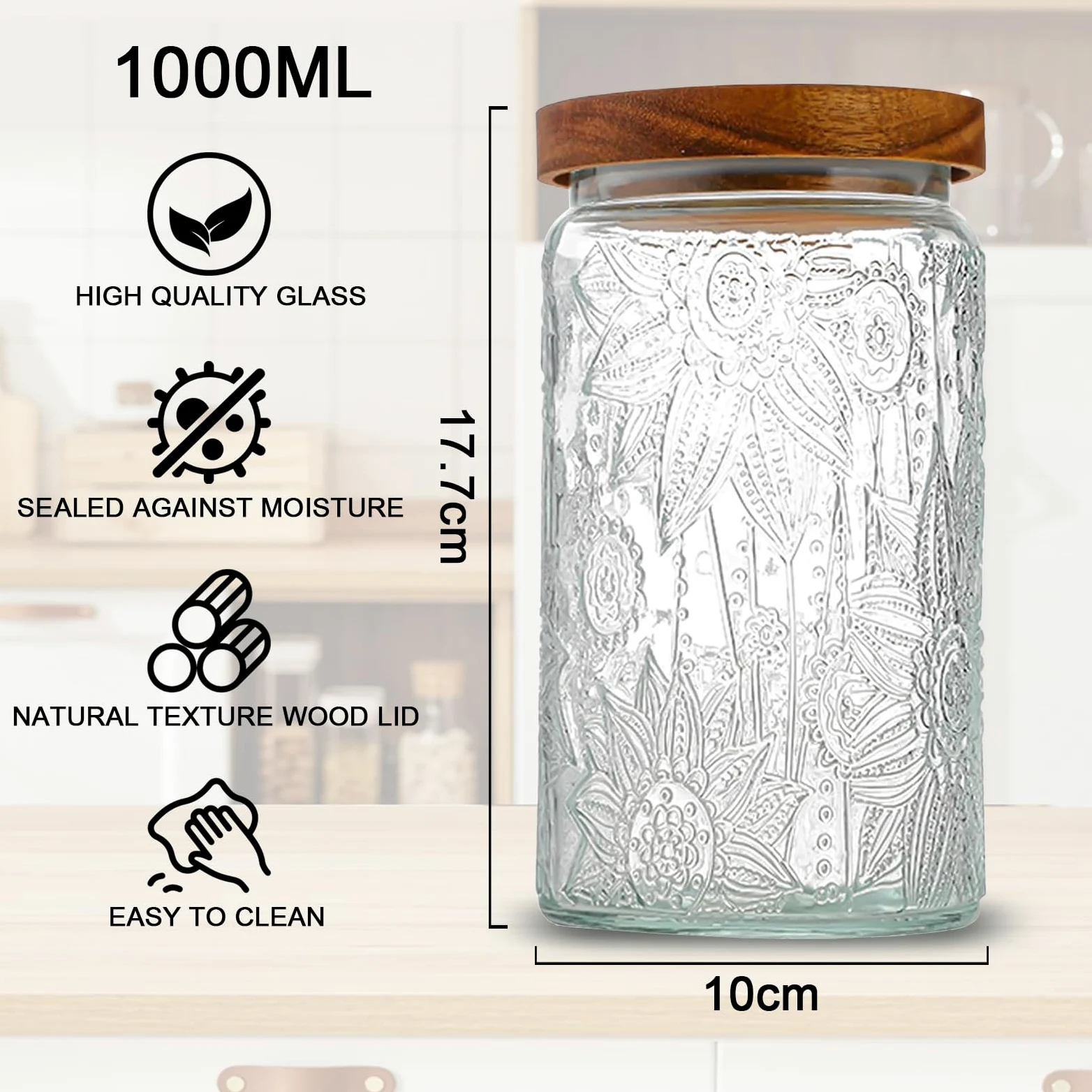 Juego de 2 tarros de cristal con tapa de 1000 ml, herméticos para cocina, tarros de especias grandes con tapa de madera para cocina, despensa, granos de café, harina, avena, cereales, pasta