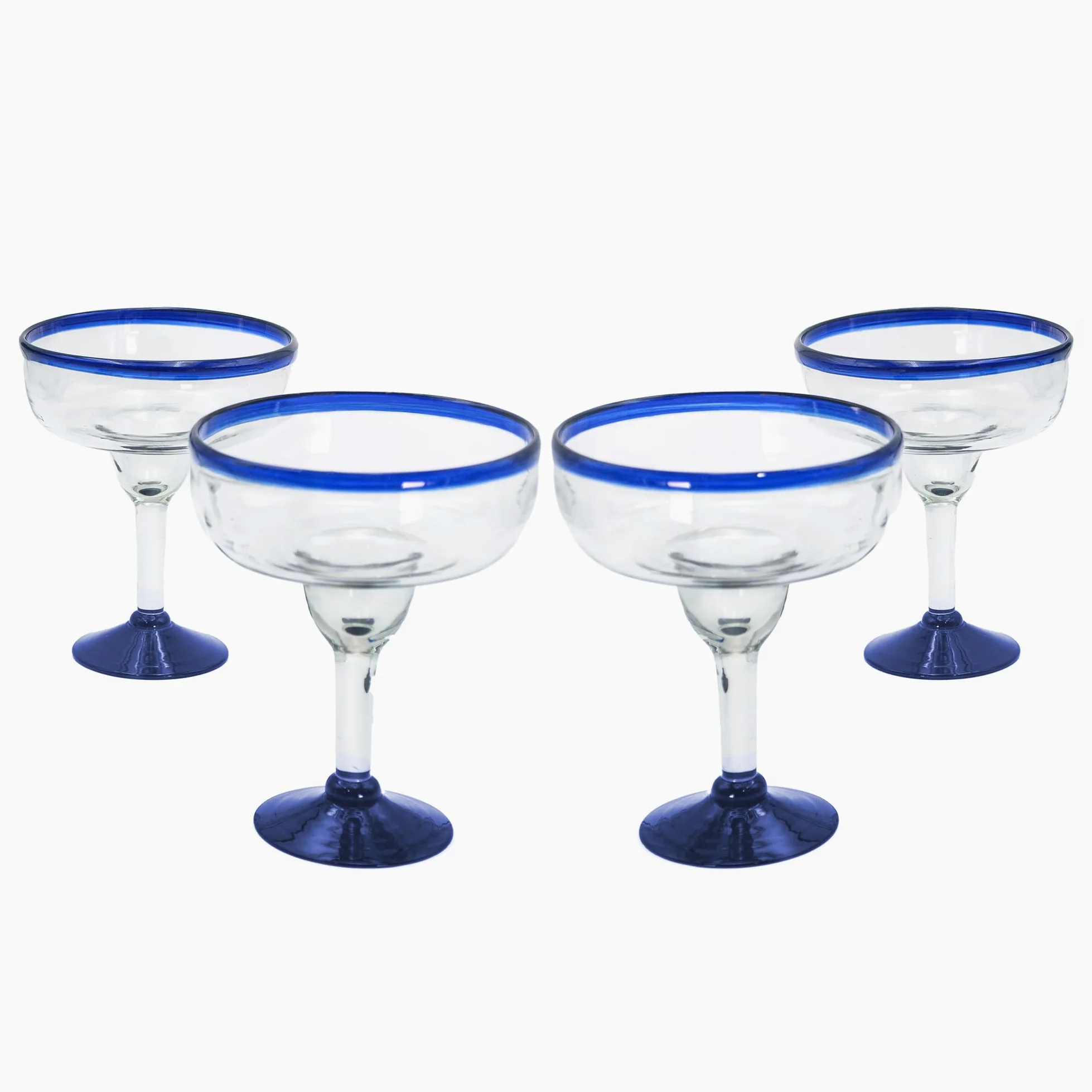 Vasos grandes de margarita mexicana soplados a mano, auténtico cristal hecho a mano de México, borde azul cobalto, juego de fiesta, perfecto para margaritas, piña coladas, cócteles congelados u otras