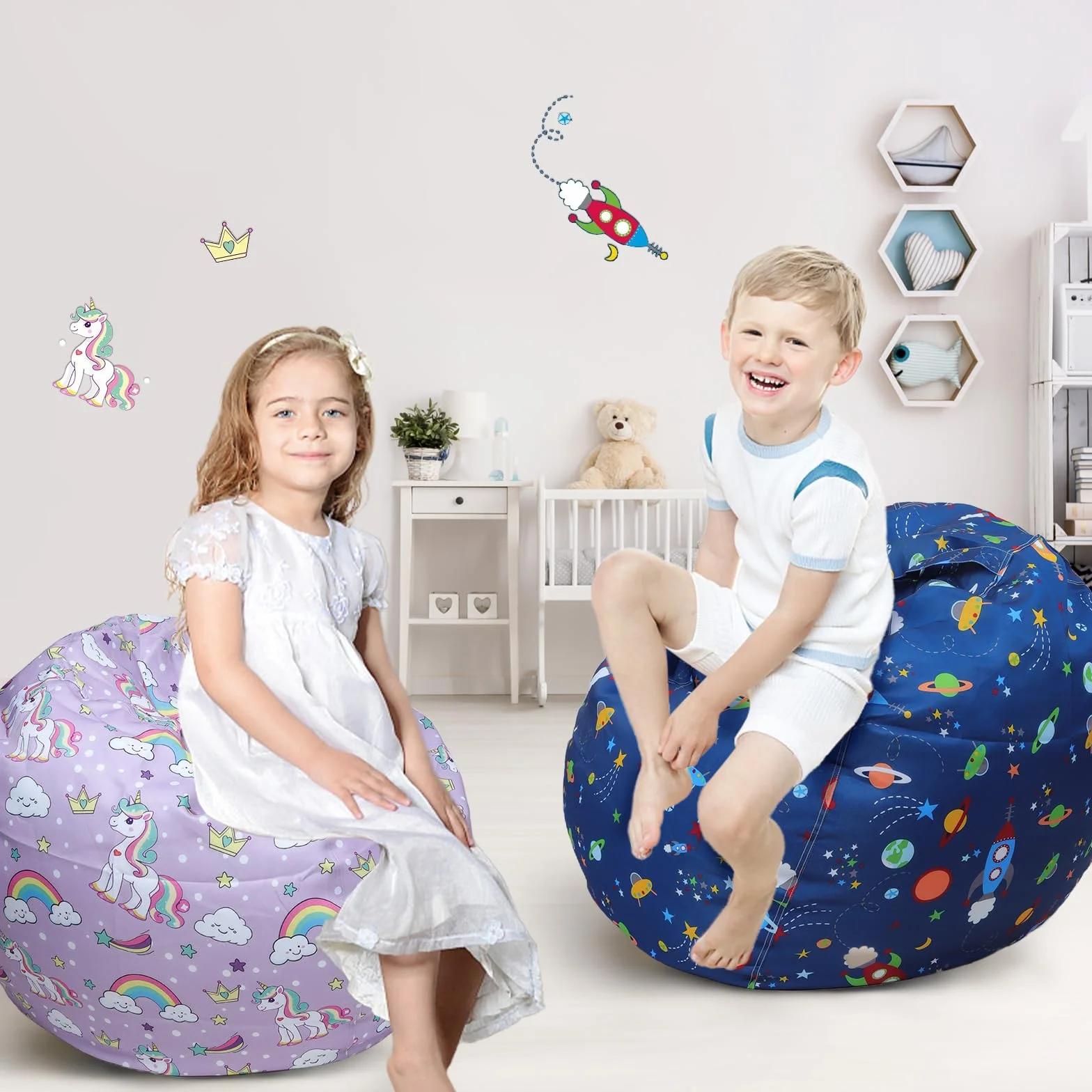 decalsweet Unicornio Grande Bolsa Puff para Guardar Juguetes para Niñas, Bolsa de Frijoles Cubierta de Silla en Interiores y Exteriores (Sin Relleno), Rosa