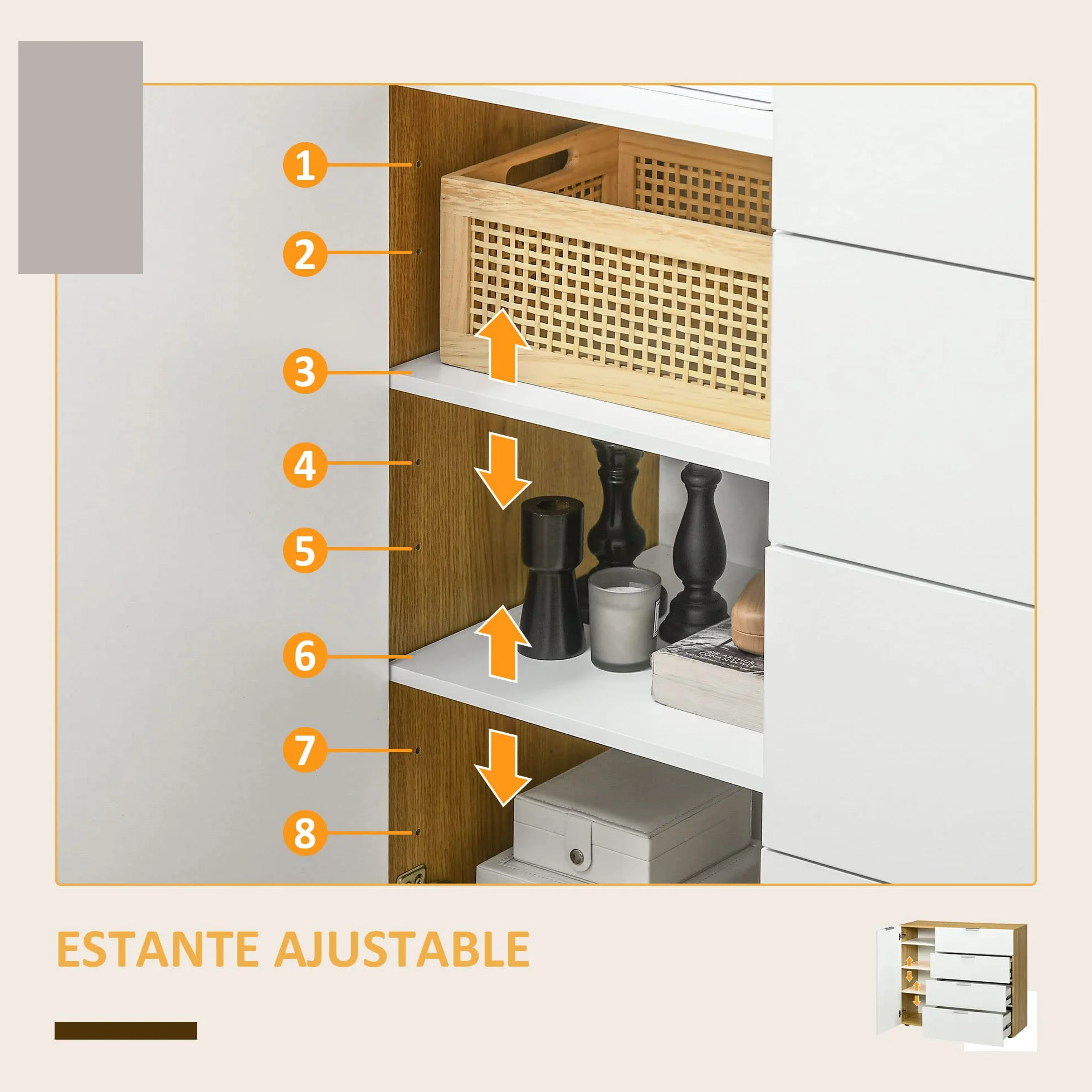 HOMCOM Cómoda de Dormitorio Aparador de Salón con 4 Cajones de de Alto Brillo Puerta y Estantes Ajustables para Comedor 105x35x92 cm Blanco y Natural