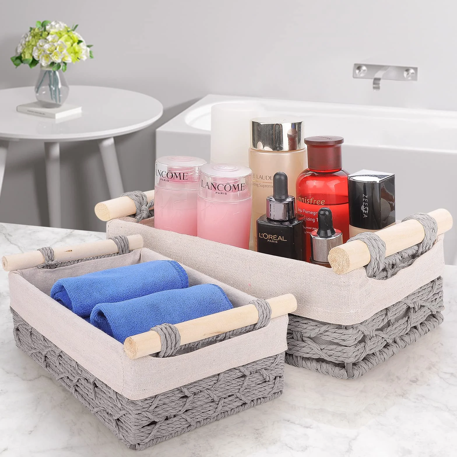 VORHOT 2 Piezas Cestas Almacenaje Tejida Cuerda Papel Boho Decor Cesta Bebe Organizadoras Mango Madera Cajas Decorativas Armarios