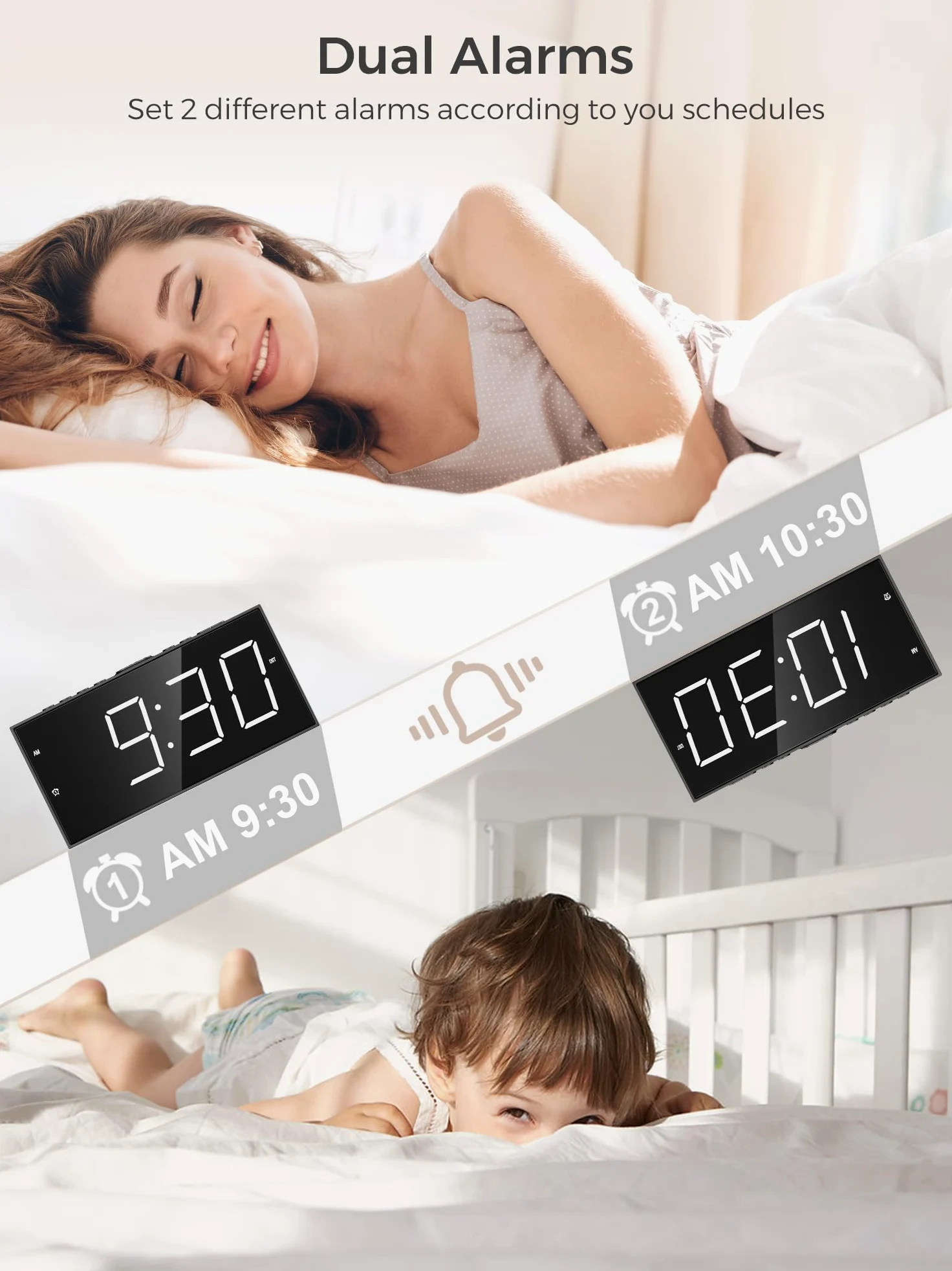 Reloj despertador para dormitorio, 2 relojes despertadores, pantalla grande LED fuerte, reloj con puerto de carga USB, volumen ajustable, regulable, repetición, reloj digital simple para dormir