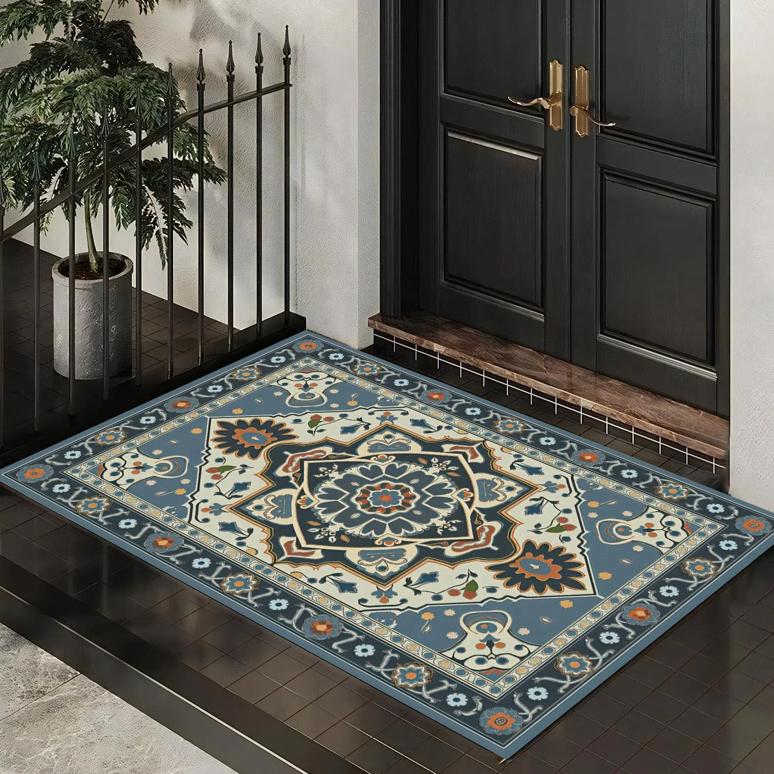 Felpudo Entrada Casa 80 X 120 cm,Patrones Geométricos,Felpudos Exterior Antideslizante Y Lavable,Patrones Tradicionales Persas Alfombra Atrapar Suciedad para Puerta Principal,Azul