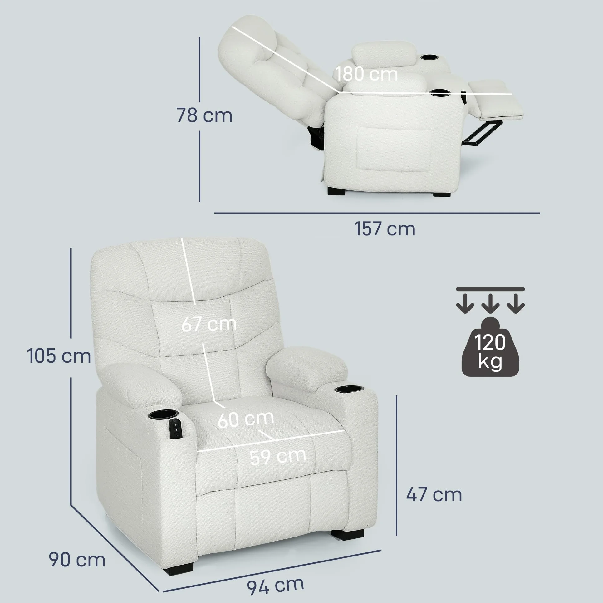 HOMCOM Sillón Relax Reclinable Eléctrico, Sillón Reclinable Silencioso con Función Memoria, Reposapiés, Mando a Distancia, Bolsillos Laterales, Portavasos y Puerto USB, para Dormitorio, Salón, Crema