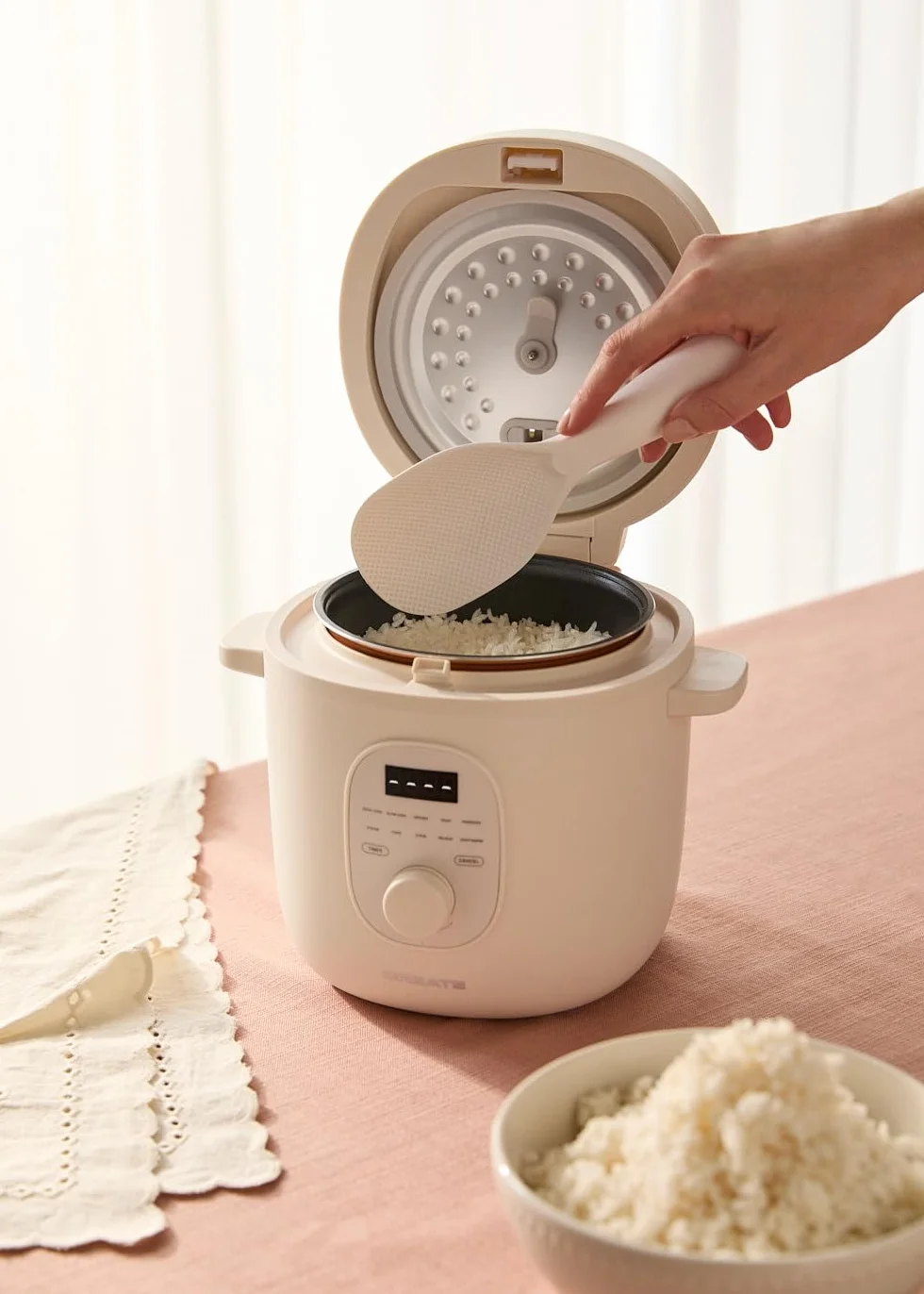 CREATE/RICE COOKER STUDIO/Arrocera eléctrica multifunción 1,2L blanco roto/Programable hasta 24h, con cesta vaporera, prepara tartas, guisos o sopas, función de mantener el calor, 300W