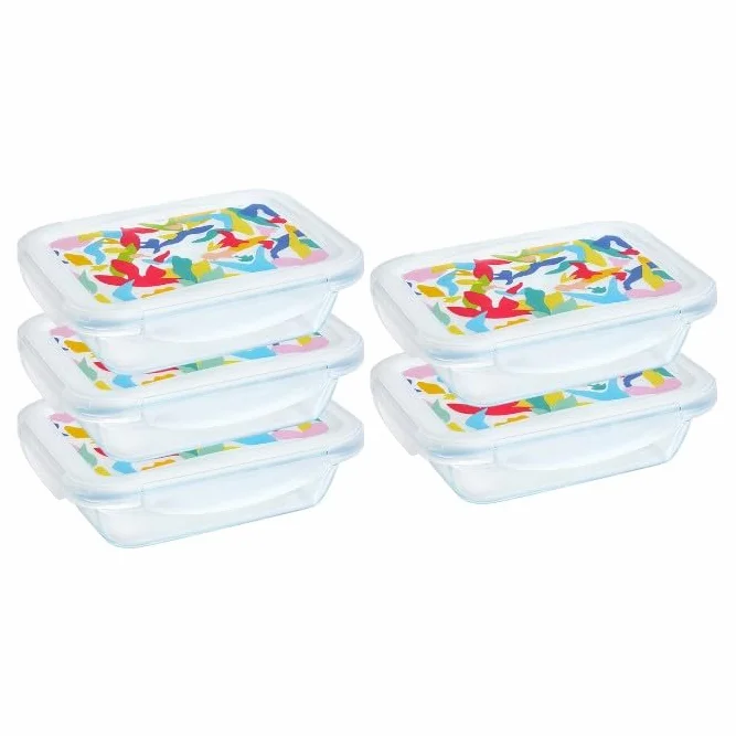 Pyrex Cook & Go - Juego de 5 LunchBox Rectangulares, 0,8 L, cristal de borosilicato, compatible con horno, microondas y lavavajillas, fabricado en Francia (tapa multicolor)