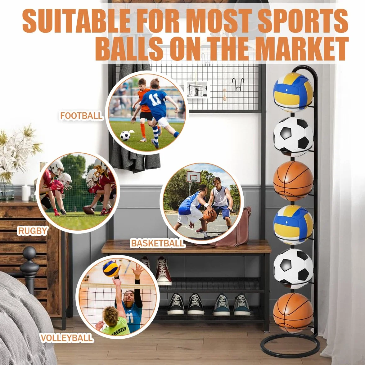 Soporte para Balones de Metal, Estante de Almacenamiento para Baloncesto, Fútbol y Voleibol