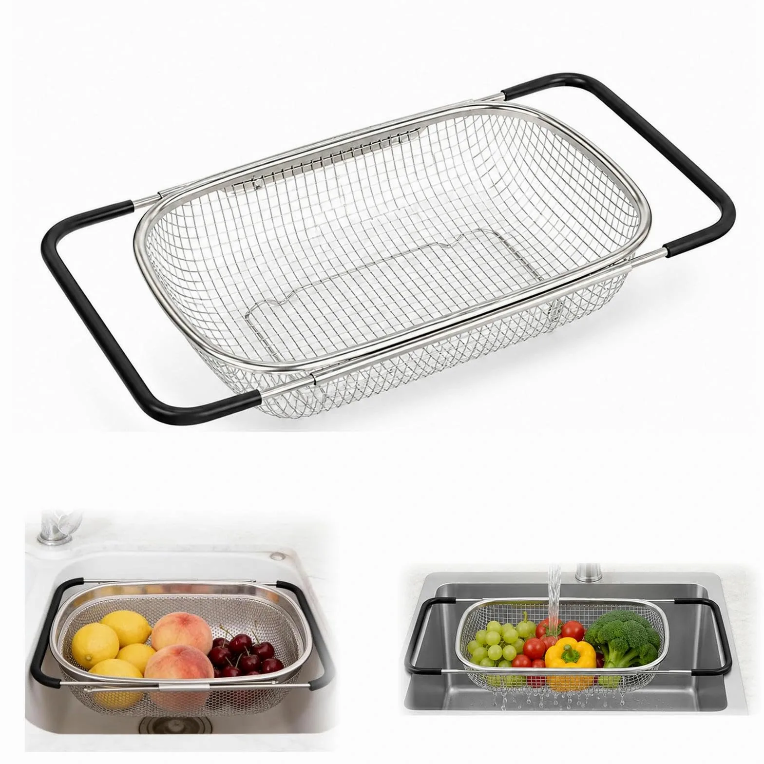 Colador de cocina extensible 27 x 18 x 11,5 cm (27 x 18 x 11,5 cm), colador de acero inoxidable para escurrir, lavar frutas y verduras