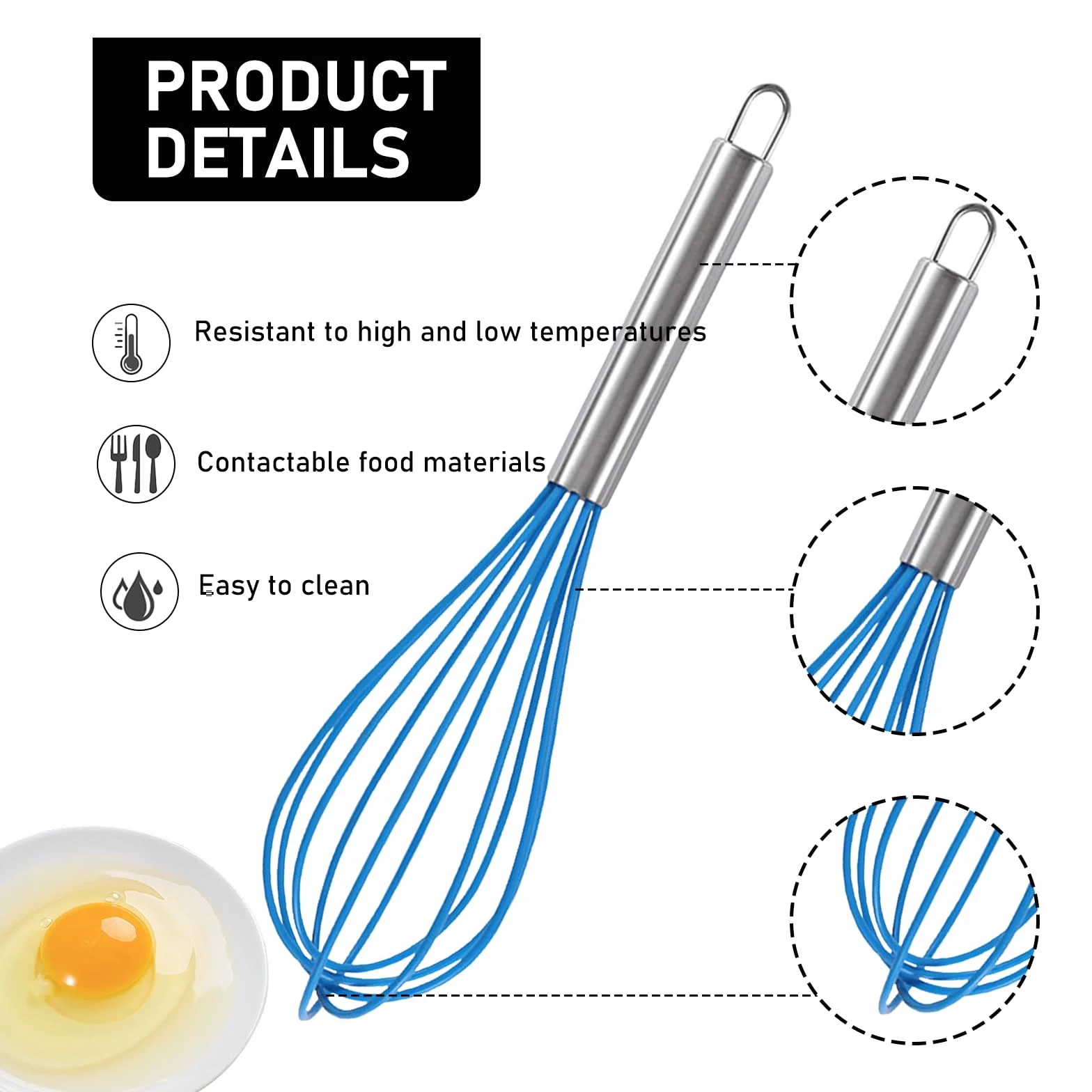 3 batidores de huevos de silicona, Batidora de Huevos Manual Varilla Para Batir 8 pulgadas 10 pulgadas y 12 pulgadas varillas cocina, para Mezclar Batir Espumar y Revolver (verde rosa y azul)
