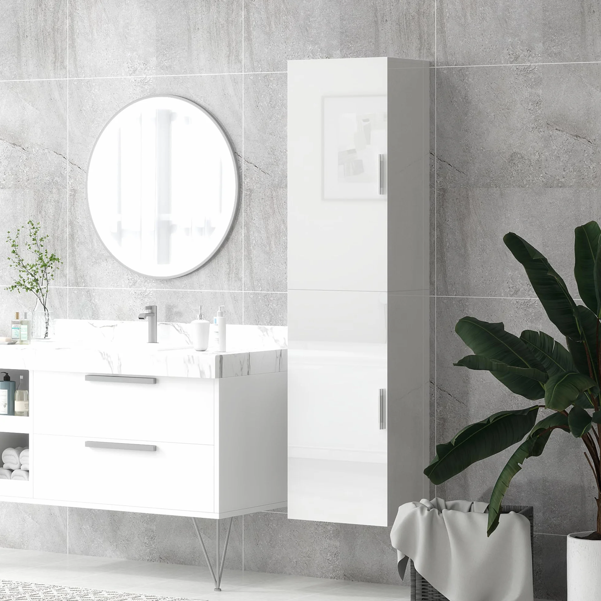 HOMCOM Armario de Baño de Pared Columna de Baño Estrecho con Estantes Ajustables y 2 Puertas Mueble de Baño Moderno para Espacio Pequeño 40x30x160 cm Blanco Brillo