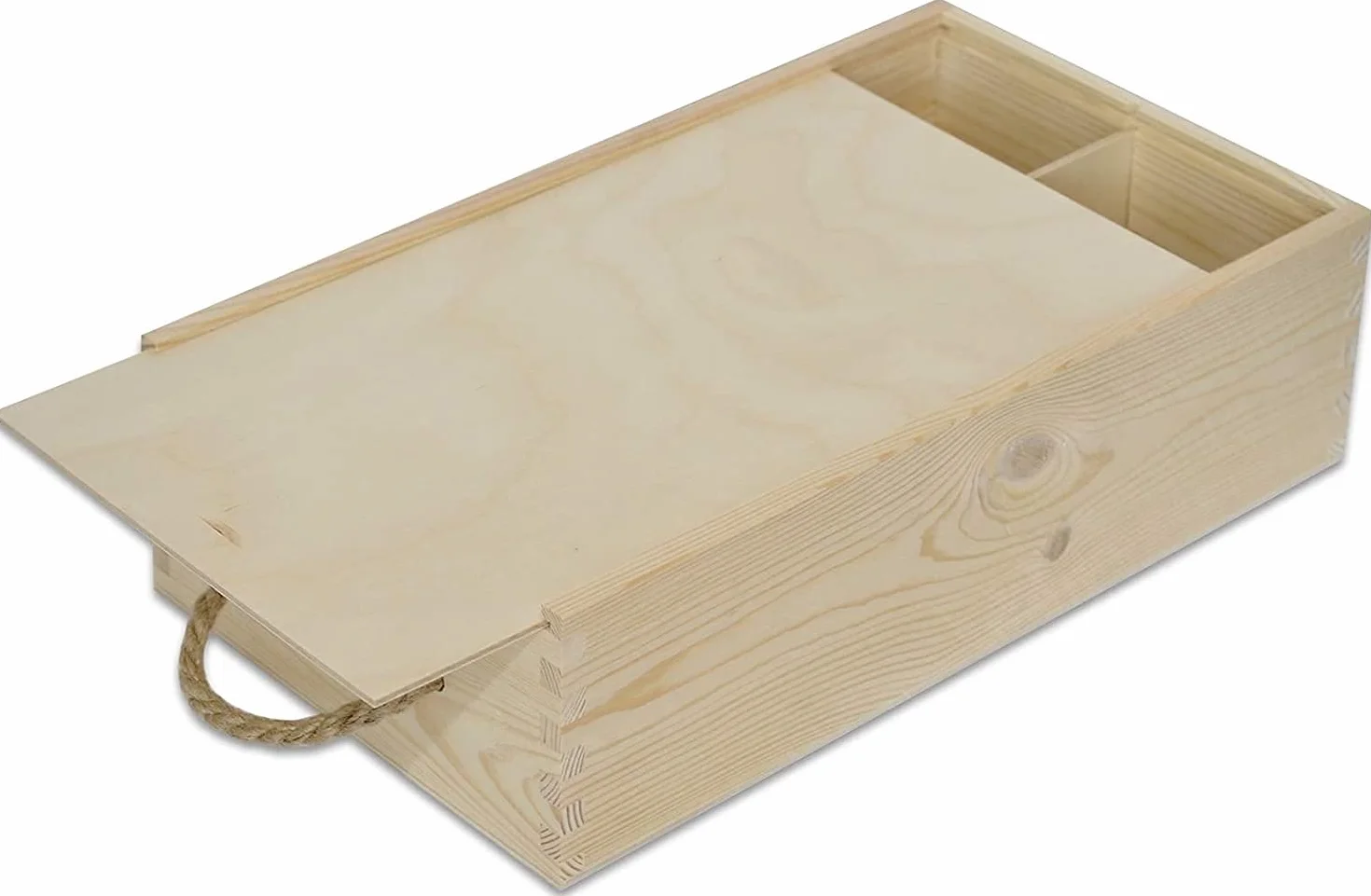 ADRI. Caja de madera para vino con virutas de relleno | 2 Botellas | Tapa corredera en DM y asas para transportar. Medidas de la caja 35 x 21 x 11 cm
