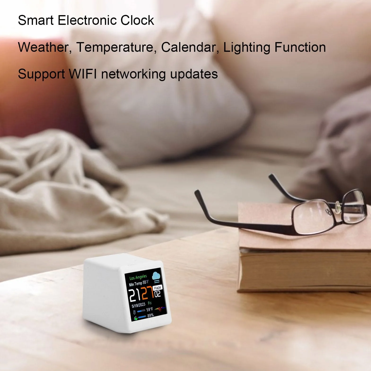 Ejoyous Reloj Electrónico Inteligente, Pantalla Digital LCD, con Pronóstico del Tiempo, Temperatura, Calendario, Conexión WiFi, Personalización de Animación, para Escritorio, Hogar (White)