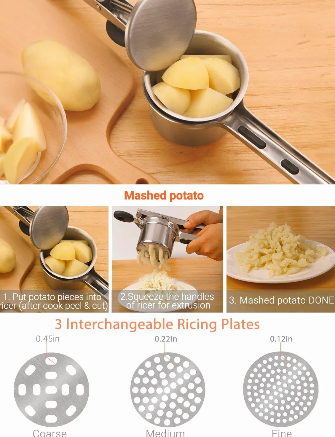 Arricer de patatas, de acero inoxidable, para frutas y verduras, triturador de alimentos de gran capacidad con 3 discos intercambiables y taza interior