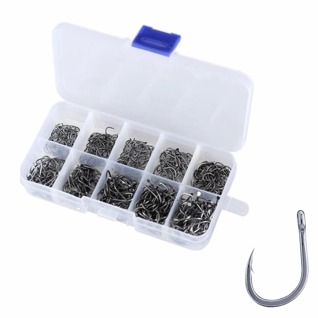 KYLOS Anzuelos De Pesca 100 Pcs 10 Tamaños Acero Al Carbono 3#-12# Caja Plástico