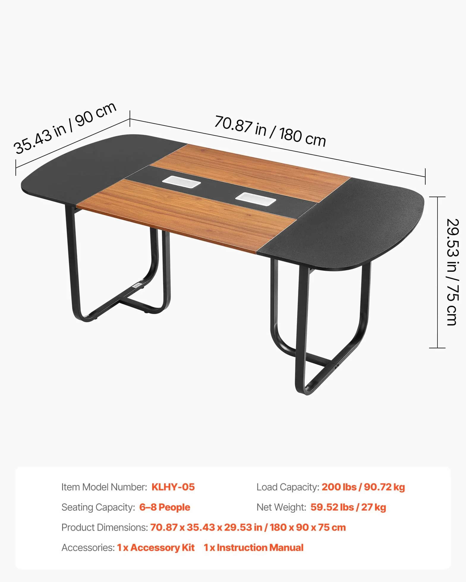 VEVOR Mesa de Conferencias para 6-8 Personas, Ovalada, para Seminarios, Reuniones, Multiusos, con Patas Metálicas, para Oficinas, Salas de Conferencias, Color Negro y Marrón, 1800 x 900 x 750 mm