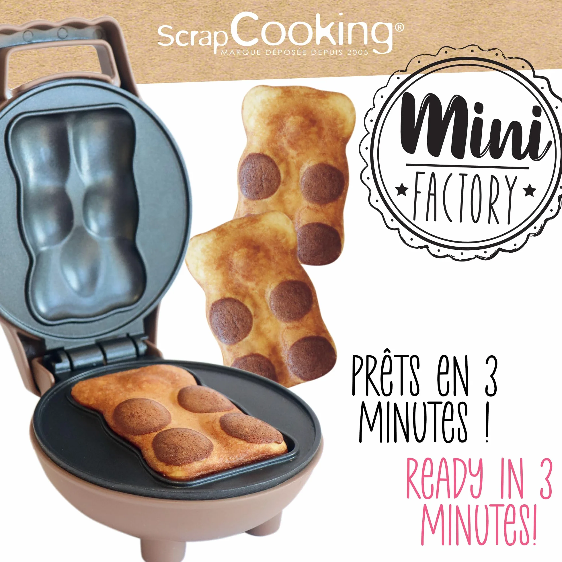ScrapCooking - Mini Osito Factory - Máquina para Bizcochitos de Osito - Placa Caliente Antiadherente - Mini Pastelitos - Idea de Regalo para Repostería y Cocina - Receta Incluida - 3880