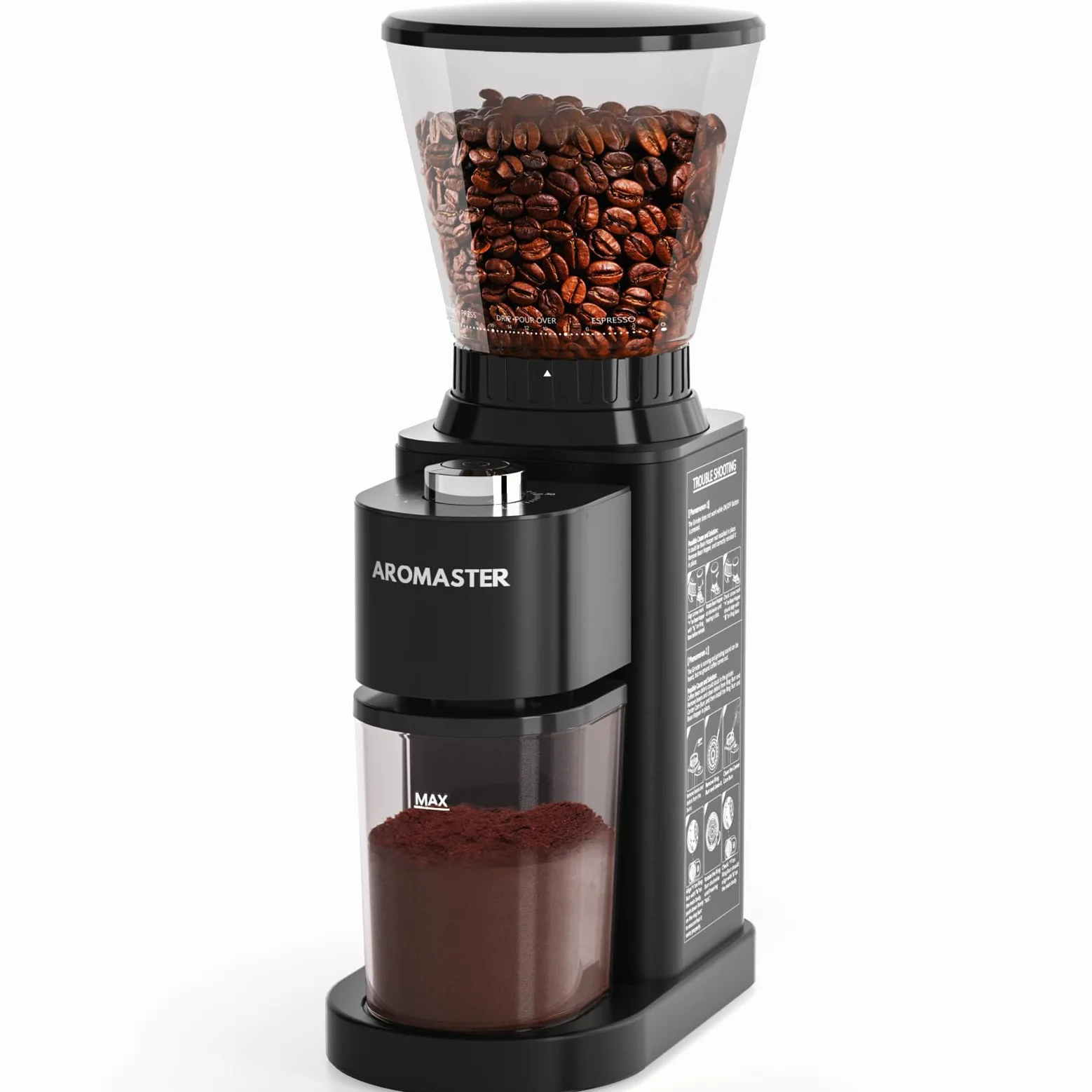 Aromaster - Molinillo de frijoles de café con 48 ajustes de gind, molinillo de café cónico para uso doméstico, acero inoxidable, temporizador ajustable de 40 segundos, antiestático, fácil de limpiar