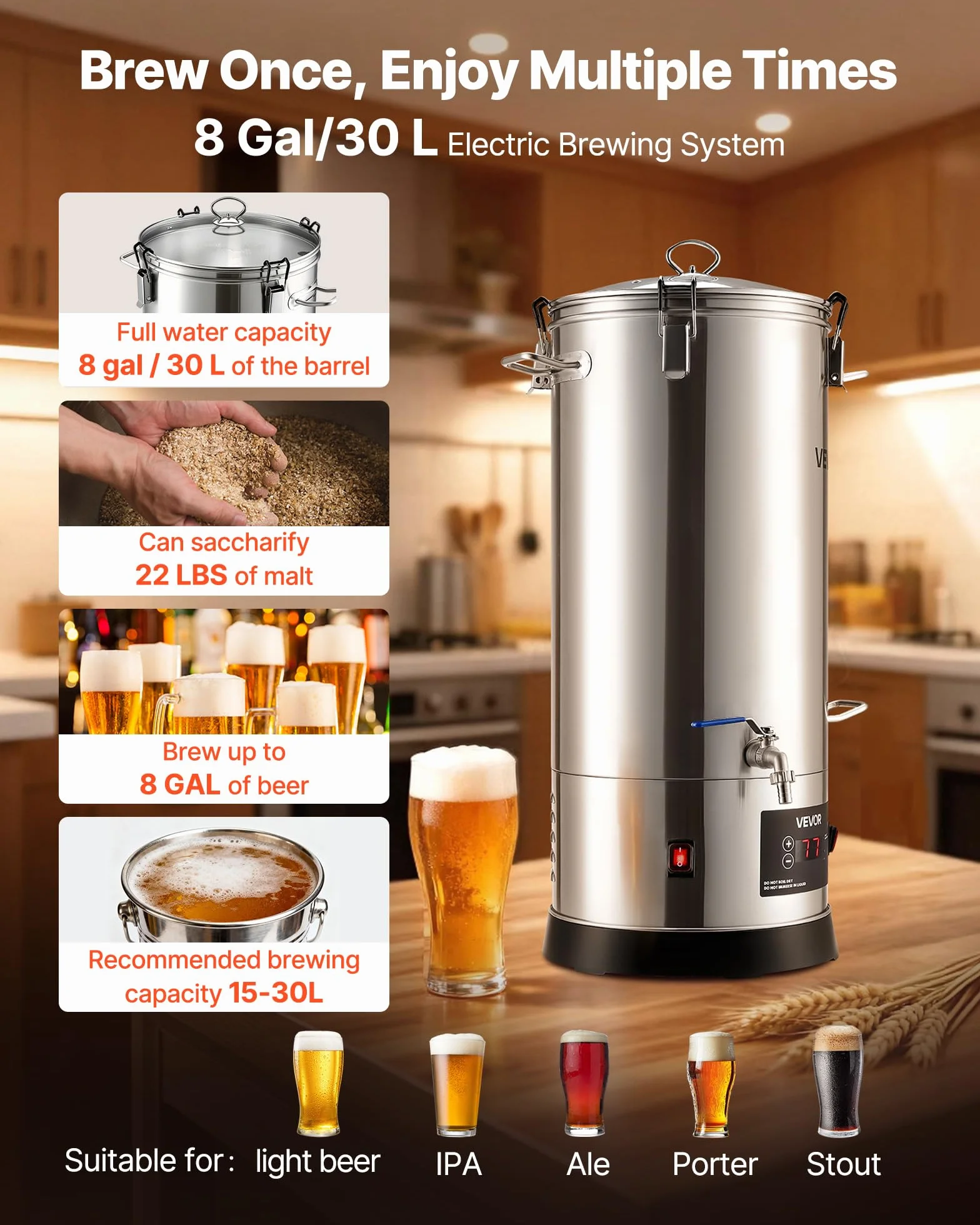 VEVOR Sistema Eléctrico de Elaboración de Cerveza, Olla de Cocción de 30 L, Carcasa de Acero Inoxidable 304, Macerador con Barril Interior Integrado, Asa y Grifo Reforzados, 420 x 325 x 720 mm