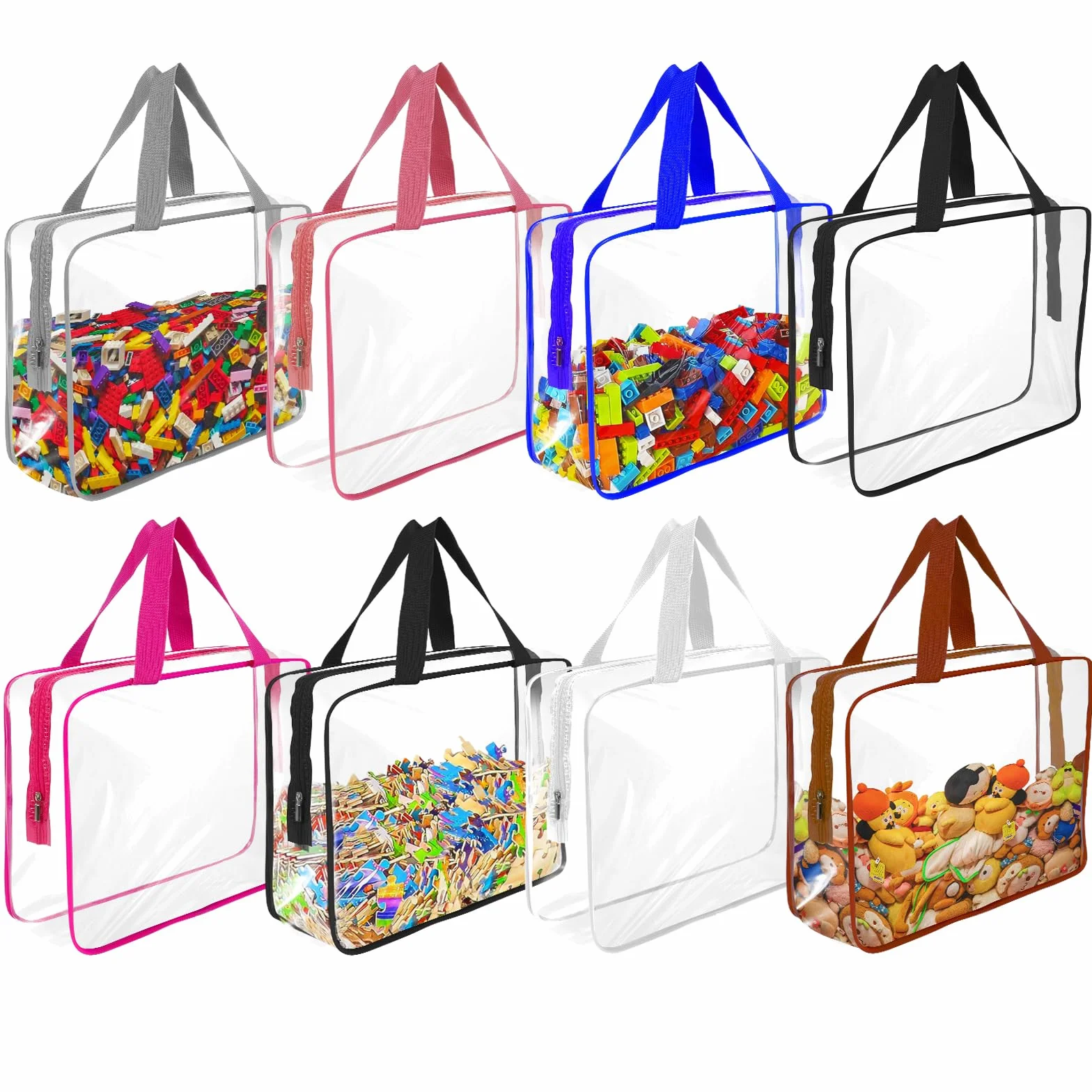 8 bolsas grandes transparentes de almacenamiento de juguetes con cremallera, reutilizables, de PVC, impermeables, organizadoras de juguetes con asa portátil para bloques de construcción, rompecabezas