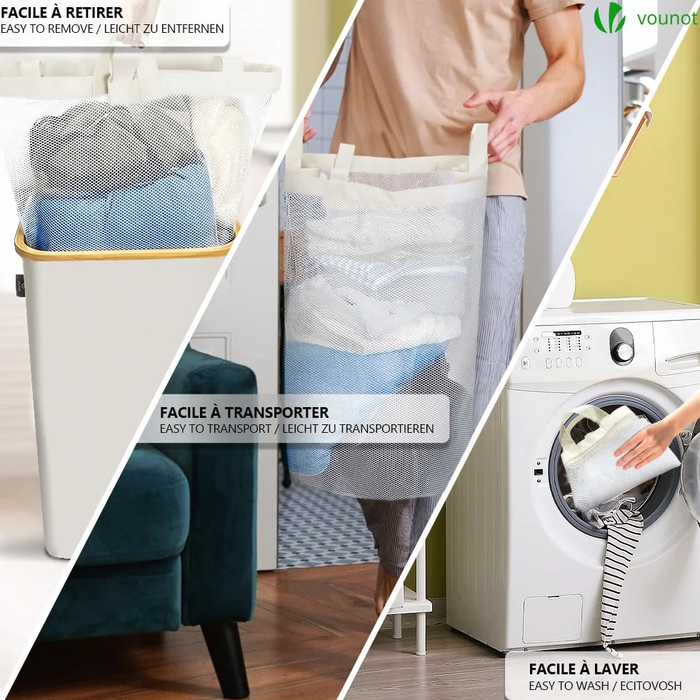 VOUNOT® Cesto Ropa Sucia 100L con Ruedas Cesta para la Colada, Cubo Ropa Sucia con Tapa y Asas de Bambú para Ropa, Cesta de Ropa Plegable Laundry Basket con Bolsa Interior Extraíble, Beige