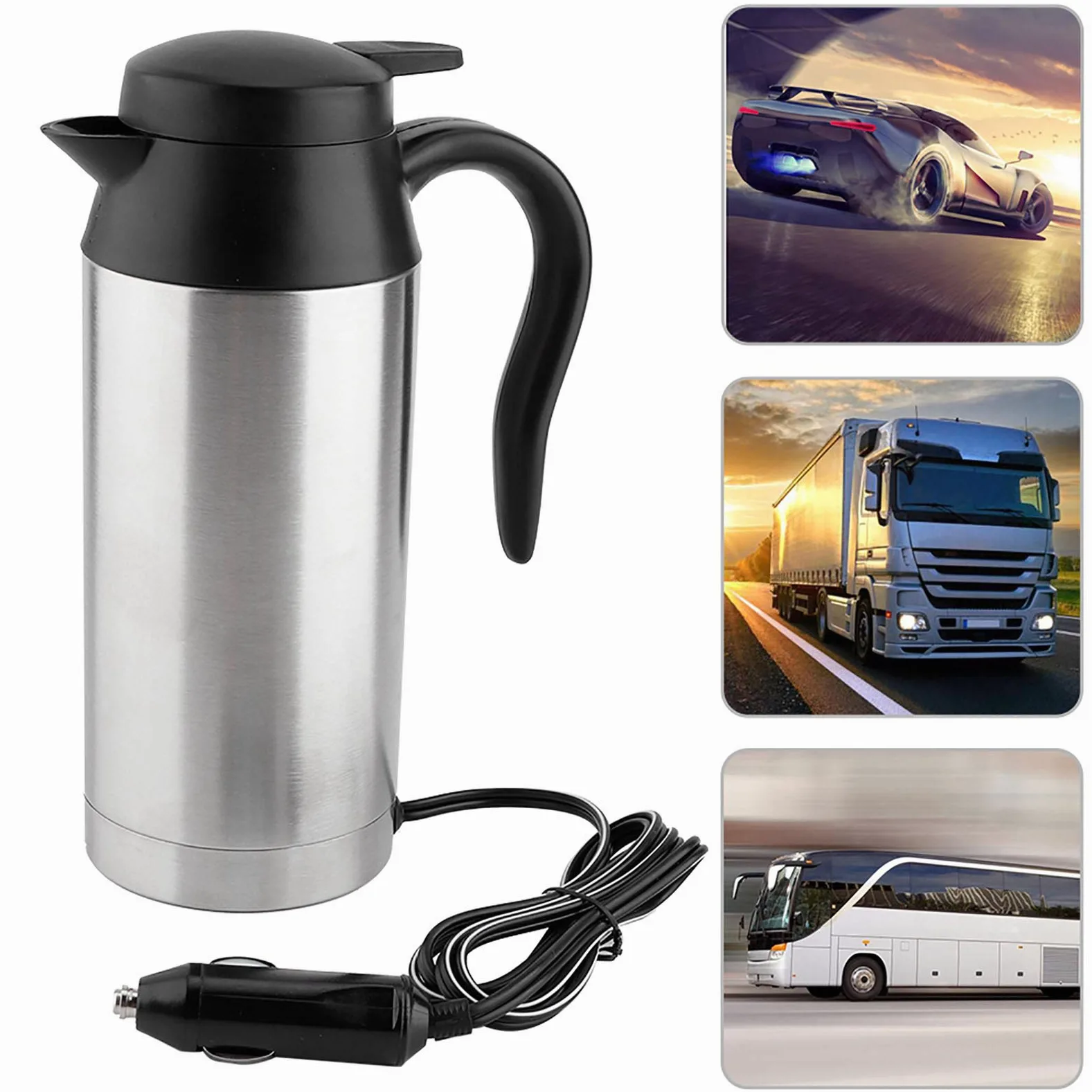Tetera eléctrica de acero inoxidable de 750 ML para coche, reemplazo de té y café para termo, taza de calentamiento de agua, 12 V