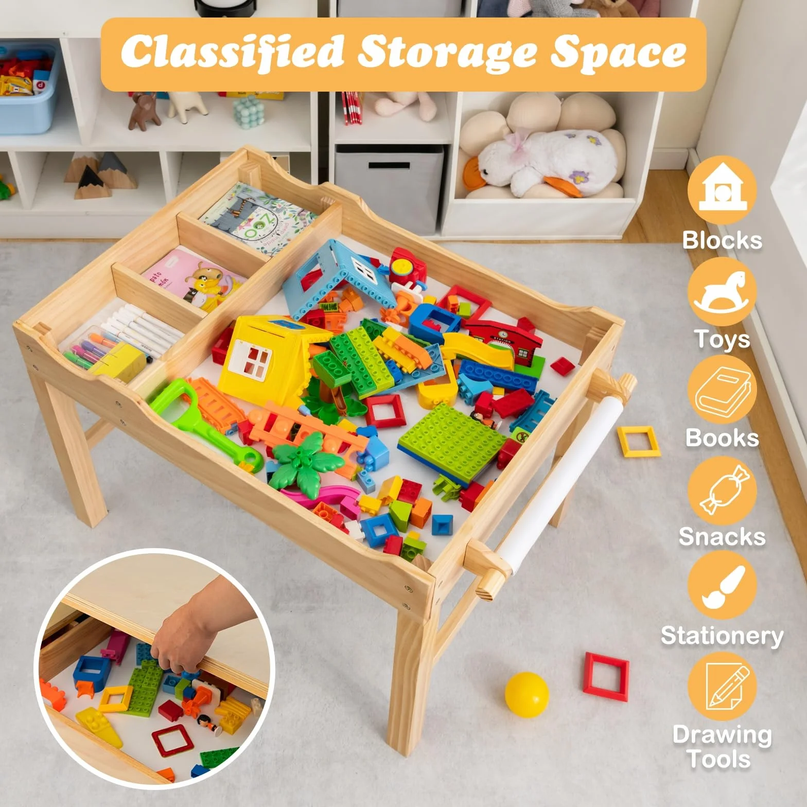 LIFEZEAL 2 en 1 Mesa de Actividades Infantil, Mesa de Dibujo y Bloques de Construcción con Espacio de Almacenaje, Bandeja Reversible, Rodillo para Papel, Escritorio de Madera para Niños (Natural)