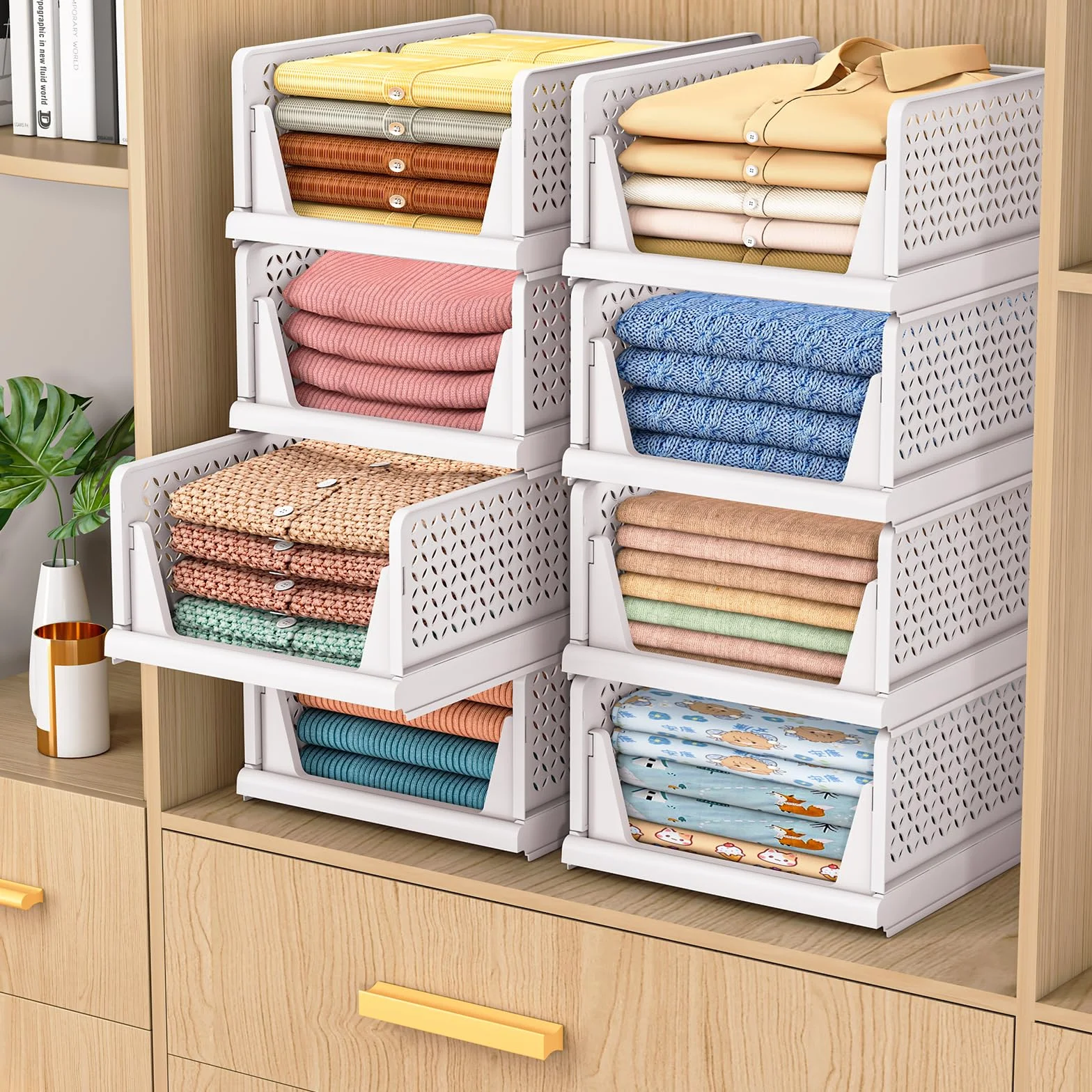 TidyIsles Organizador Armario Plegable Apilable 4 Unidades, Cajonera Plástico Separadores, Almacenamiento Ropa para Dormitorio Baño Blanco