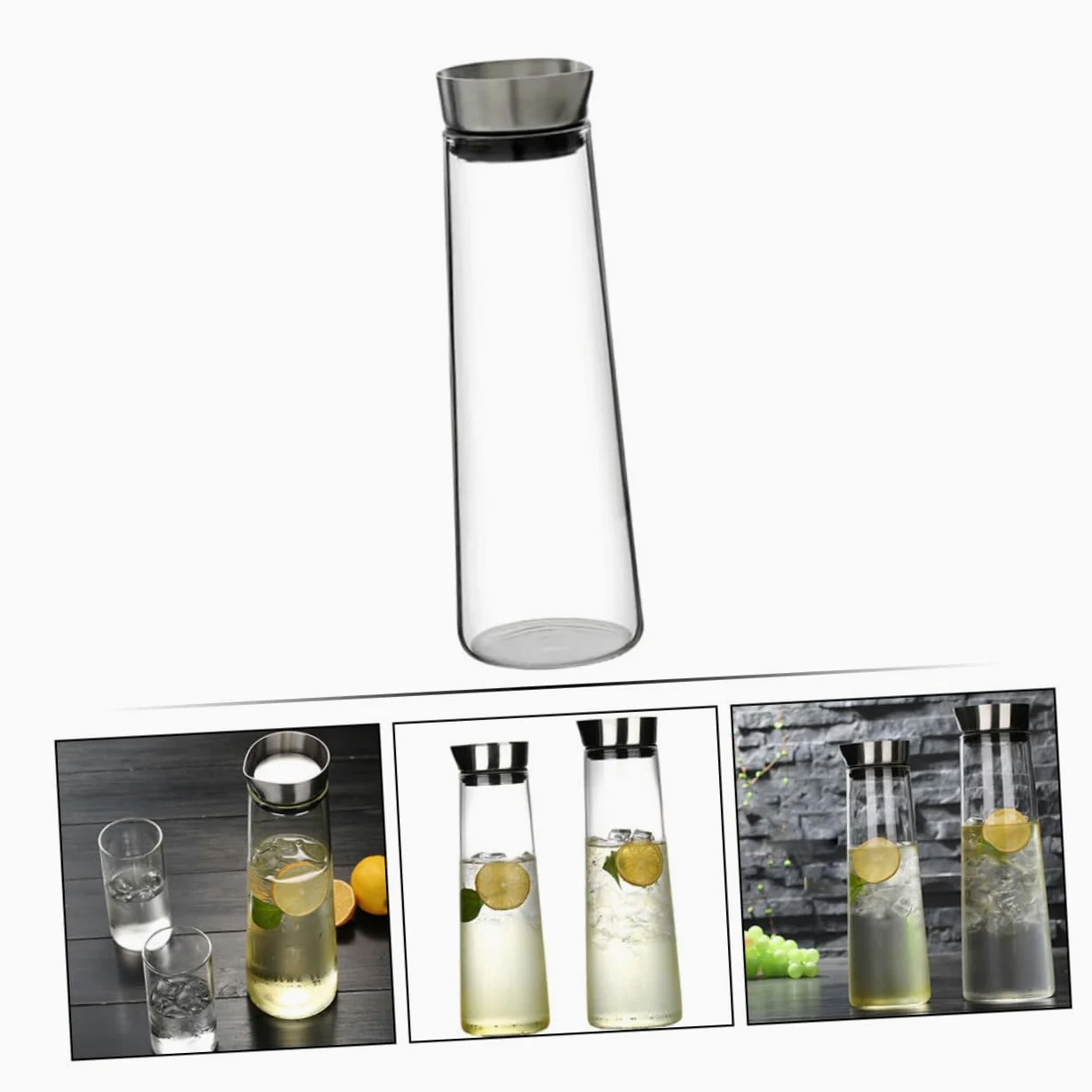 DOITOOL Jarra de Agua Fría de Vidrio de Borosilicato 1L Tapa de Acero Inoxidable Diseño Recto Antidesbordamiento Recipiente Transparente para Jugo Adecuado para Uso Doméstico y Oficina