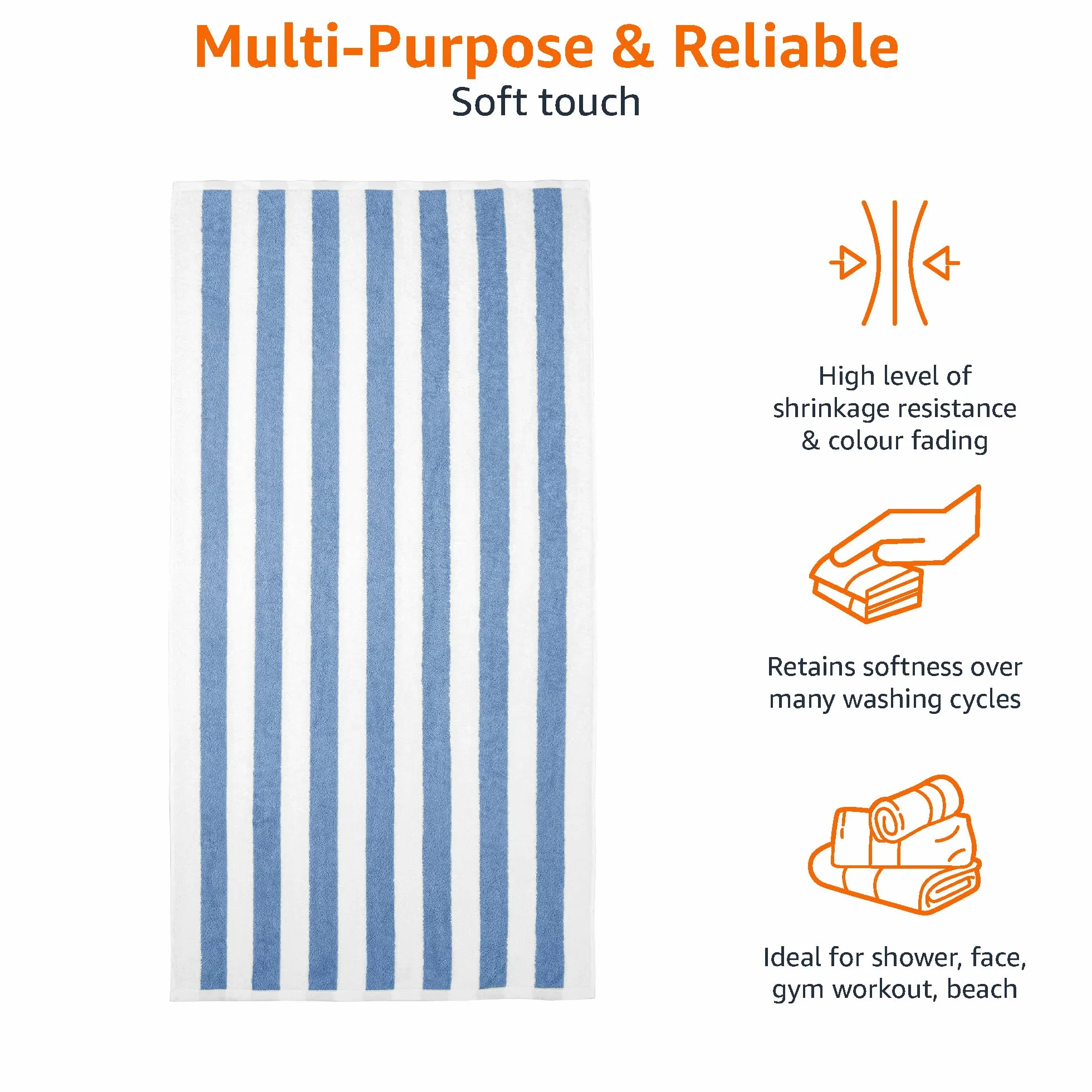 Amazon Basics Toalla Playa 100% Algodón Rayas Cabana 76 x 152 cm Azul Claro Pack 2