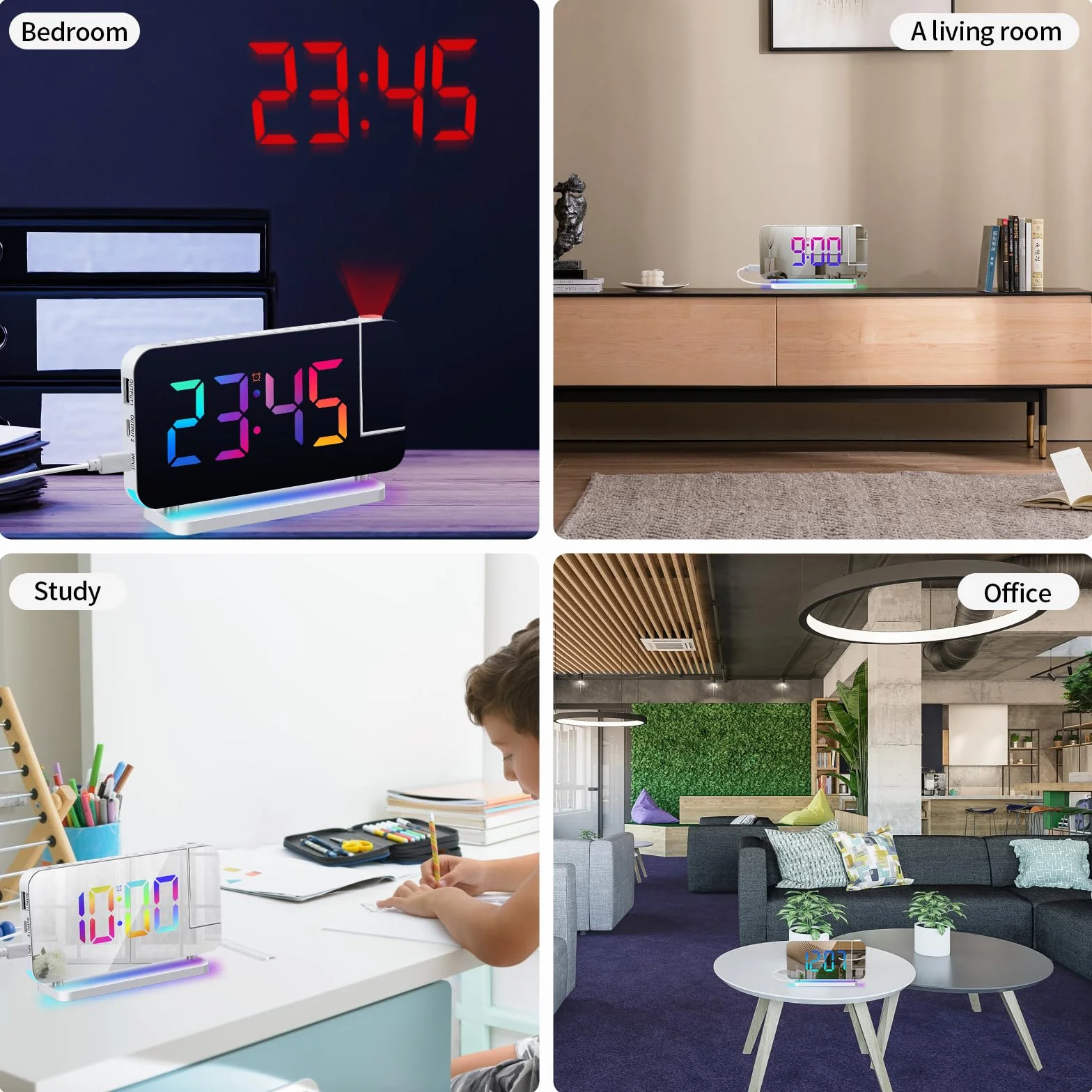 ThreeH Reloj Despertador Proyección LED RGB Colorido Reloj con Superficie de Espejo Auto Dimming Voleme Ajustable Doble USB Puertos de Carga Luz Nocturna Blanco