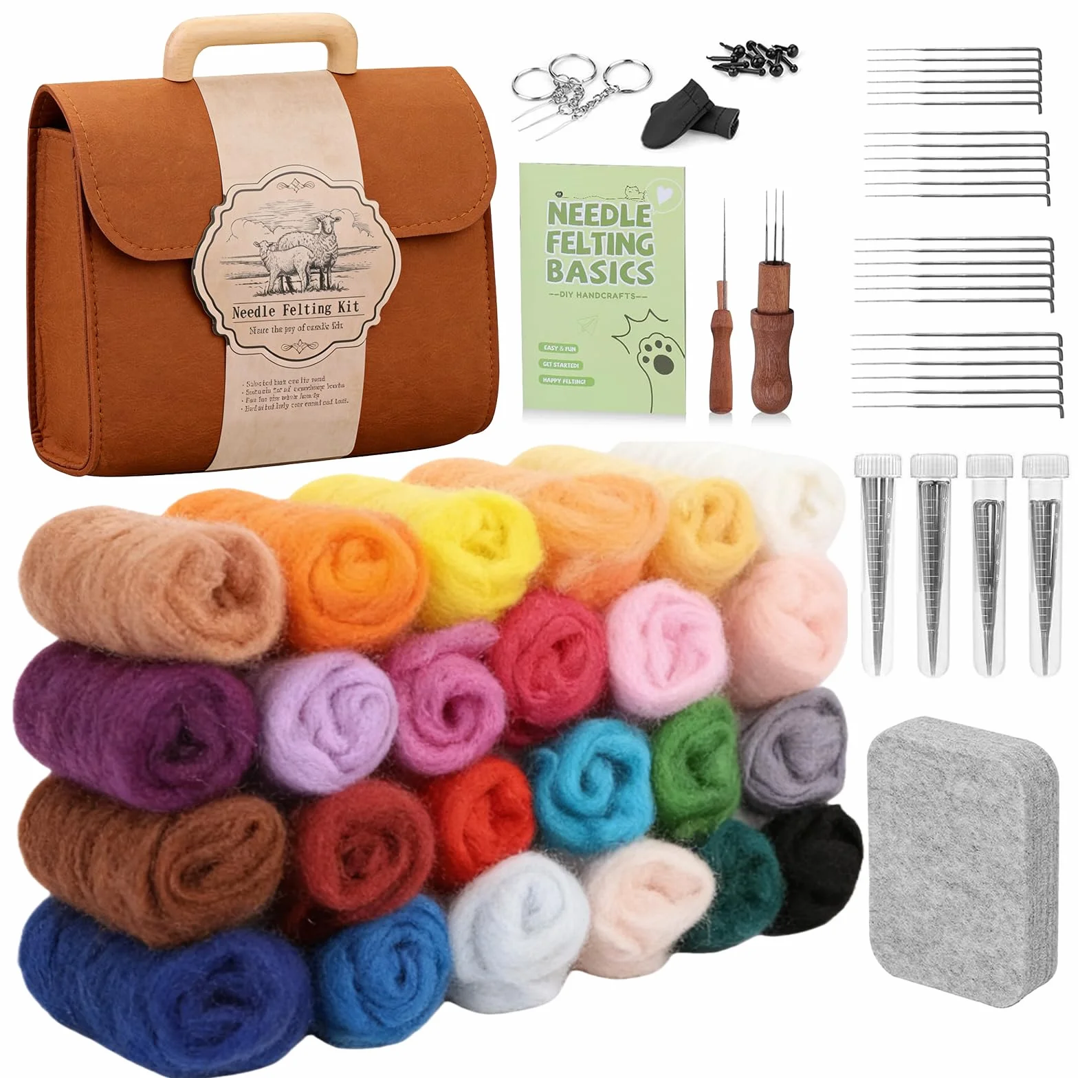 BAIFULAI Juego de fieltro de aguja en 24 colores, juego de fieltro punzonado con agujas de fieltro, herramientas, caja de almacenamiento e instrucciones de uso, fieltro seco de lana de fieltro para
