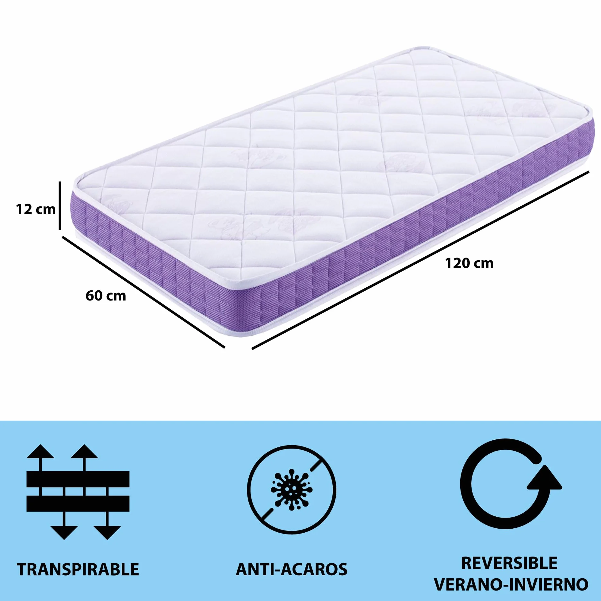Colchón Viscoelástico Cuna 120x60 cm 12 cm Transpirable Antiácaros Oeko-Tex®