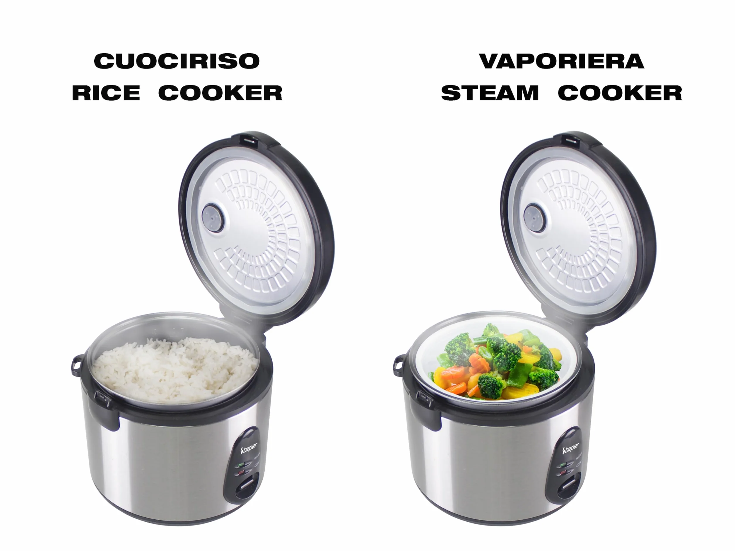 BEPER P101VAP002 Olla arrocera eléctrica con función de conservación del calor, capacidad de 625 g, revestimiento antiadherente, tapa con junta de silicona y bandeja para cocinar al vapor.