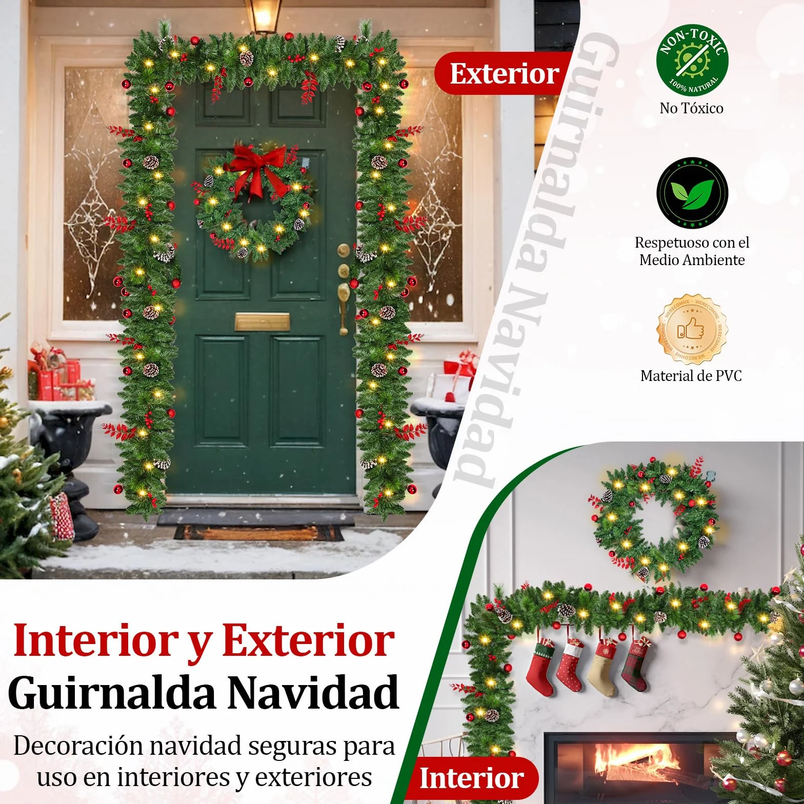 Guirnalda Navideña Artificial Premium 270cm, Guirnalda Navidad con Luces con Temporizador, Decoración Navidad Duradera para Chimeneas, Ventanas, Escaleras, Arco y Fiestas