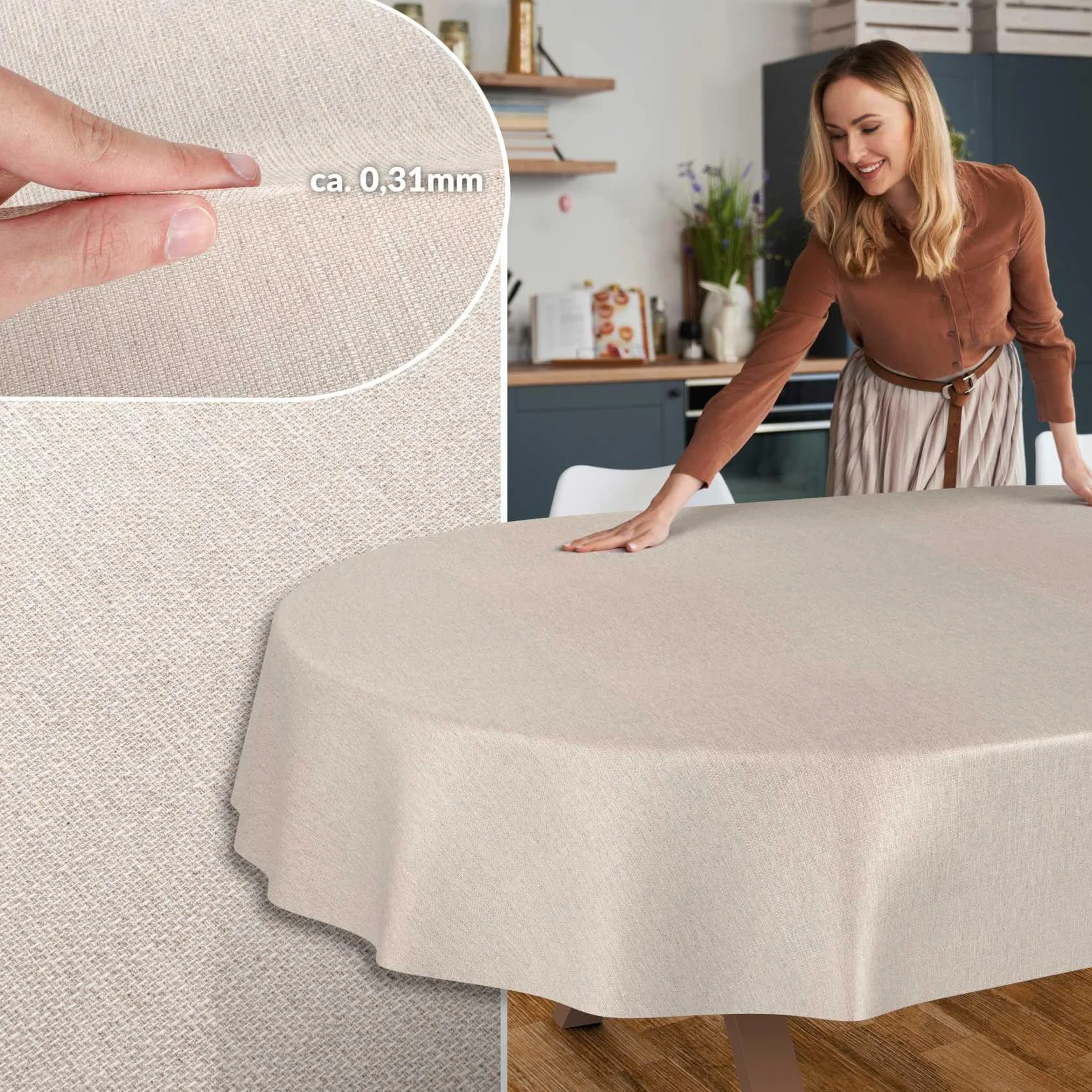 Mantel Textil de algodón y poliéster, Lavable, diseño de Damasco, Tejido Jacquard, Lavable, Beige, Gris, Ovalado, 180 x 140 cm, Borde de Corte