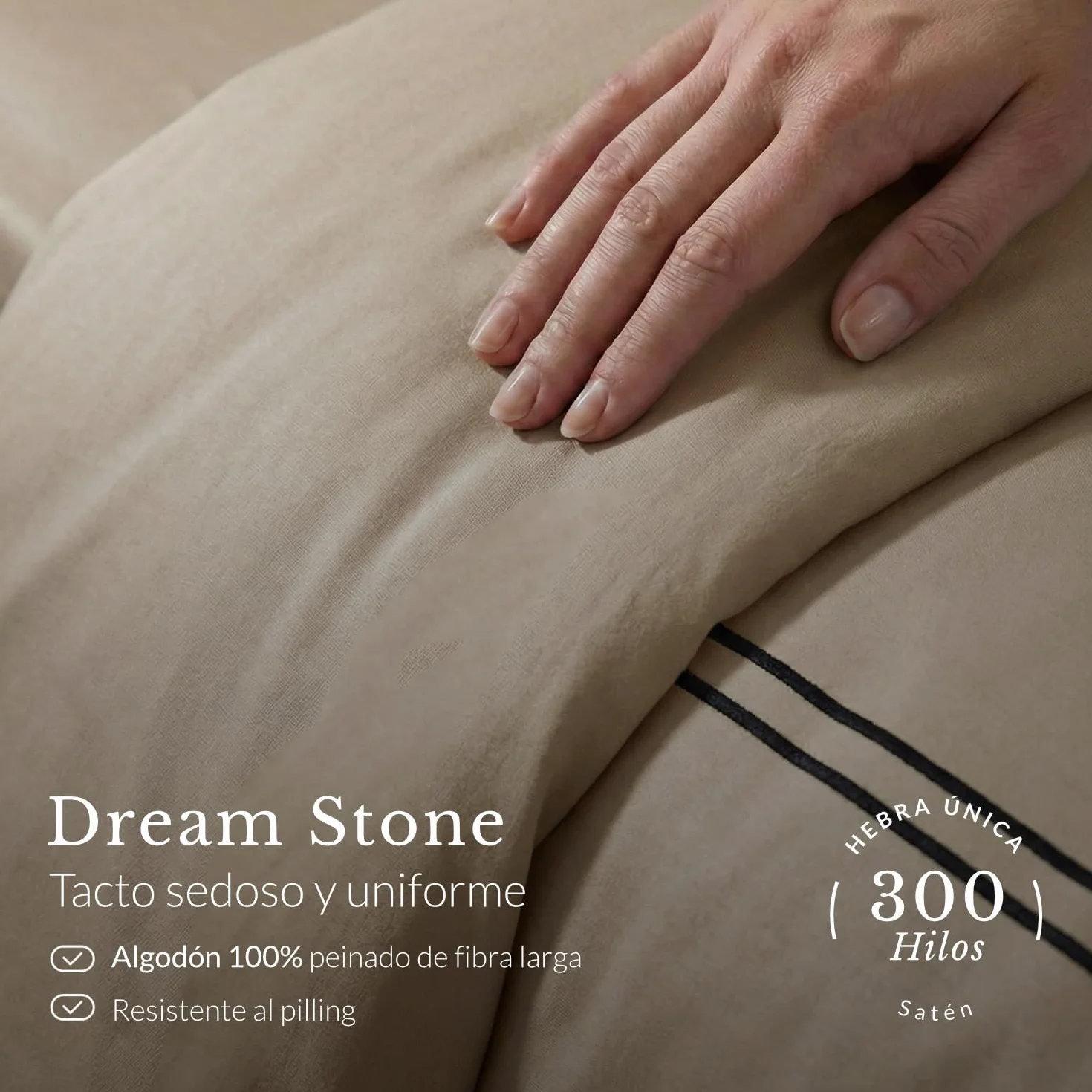 Dream – Pack 3 Piezas Funda Nordica Cama 150 (260x225 cm) y 2 Fundas Almohadas 50x80 – Stone – Satén 100% Algodón 300 Hilos, Tacto Sedoso y Adaptativo, Oeko-Tex®