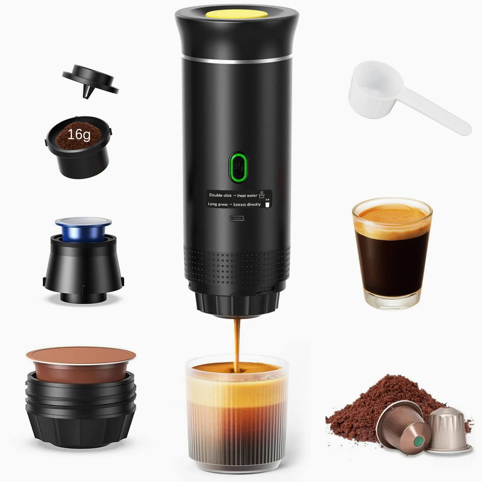 Cafetera Portátil 3 en 1 Eléctrica, Máquina de Café de Viaje 20 Bar con Autocalentamiento, Compatible con Cápsulas y Café Molido, Batería 7500mAh para Camping y Coche