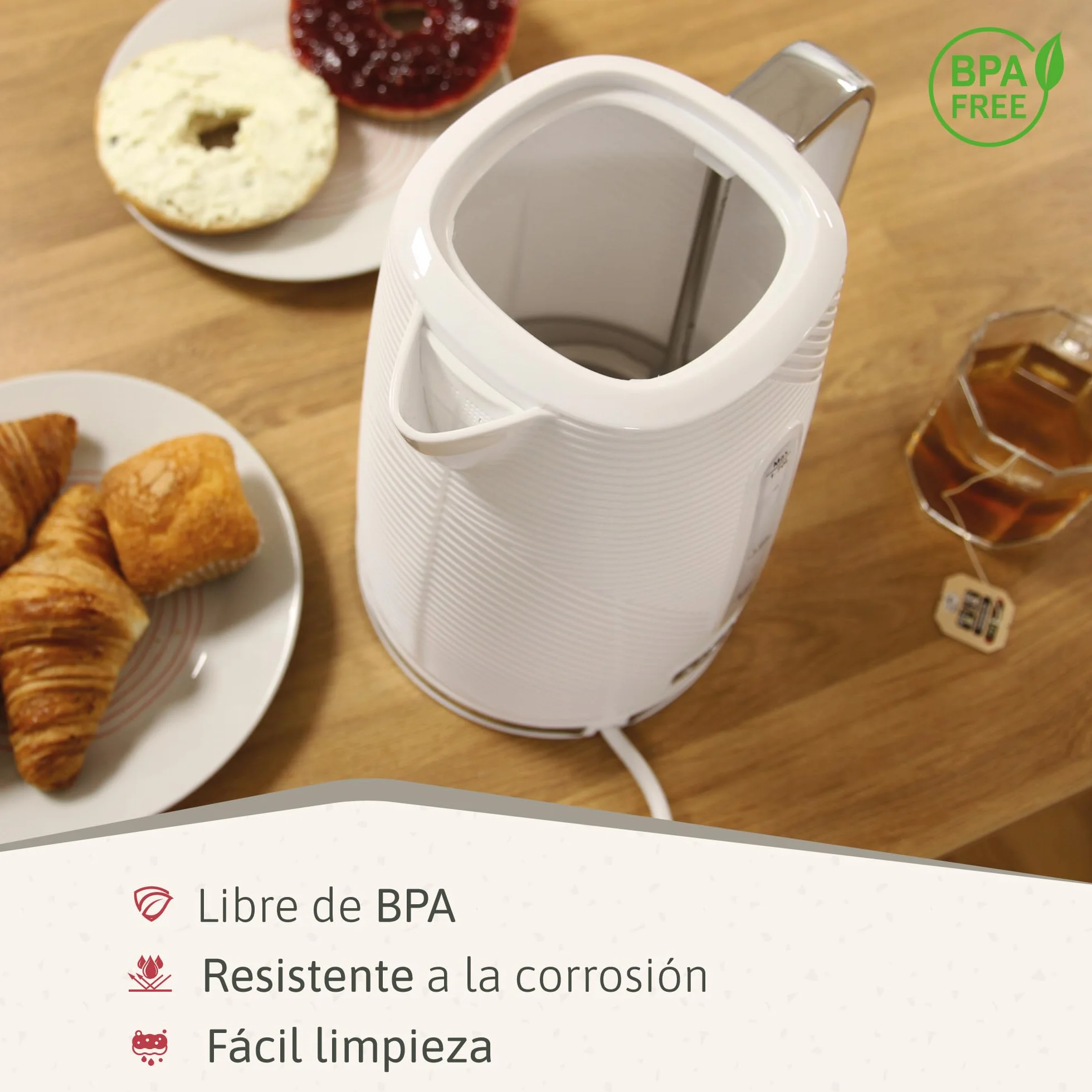 briebe Elegance Set Tostadora Pan Ranura Ancha 2 Rebanadas, 7 Niveles Tostado + Hervidor Agua Eléctrico 1,7L Inalámbrico, 2200W Ebullición Rápida, Libre BPA, Pack Desayuno Diseño Moderno Blanco