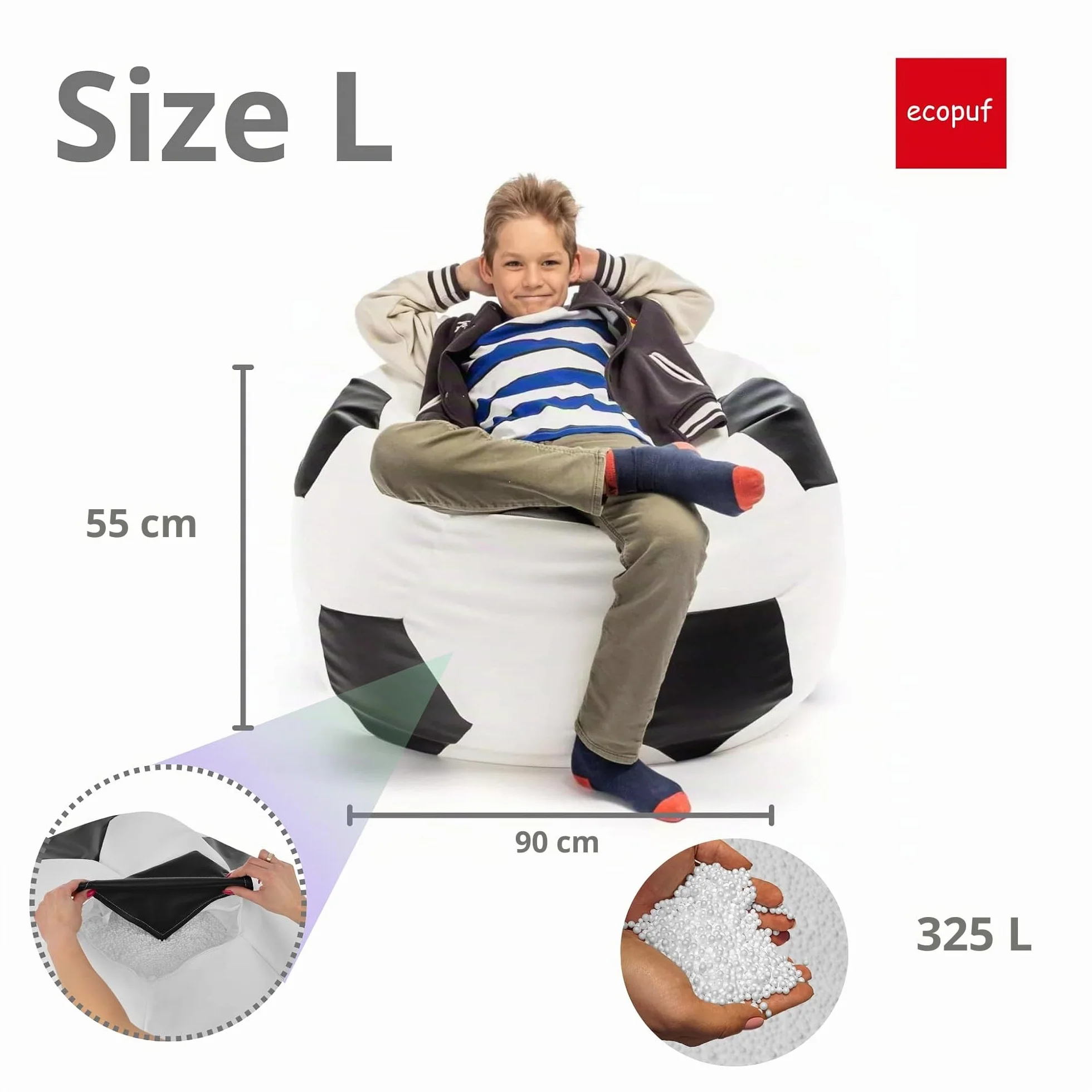 Ecopuf Beanbag Ball - Bean Bag Ball - Beanbags para Juegos de Bolsa - Accesorios para Fútbol Sala de Niños - Eco-Cuero - 90x55cm, Negro E14