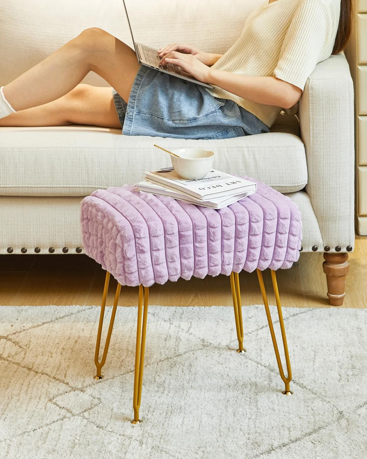 IBUYKE Otomano Rectangular Taburete de Terciopelo con Piernas de Acero Dorado Púrpura