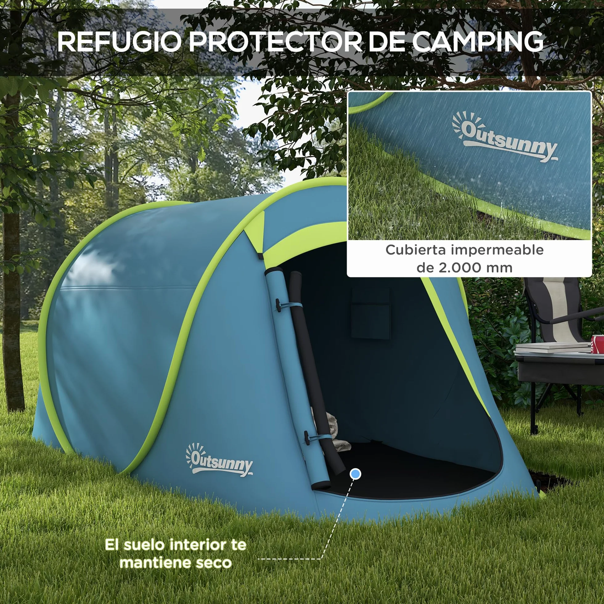 Outsunny Tienda de Campaña 2-3 Personas Pop-Up Impermeable 2000 mm 245x148x105 cm Azul