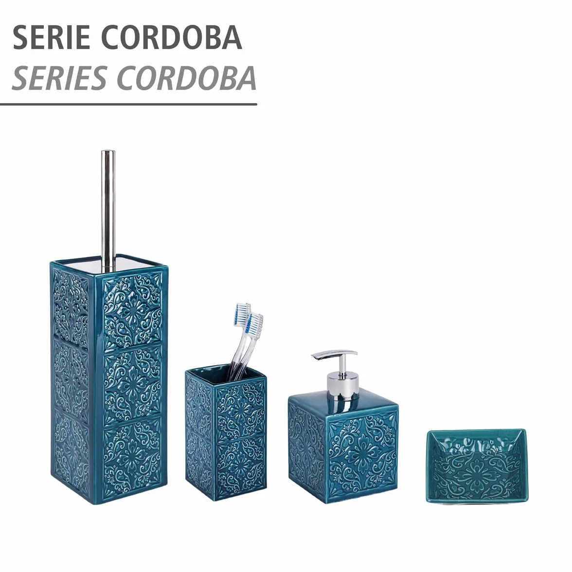Wenko Cordoba Vaso para Cepillos de Dientes, Cerámica, Azul, 6.5x6.5x12 cm