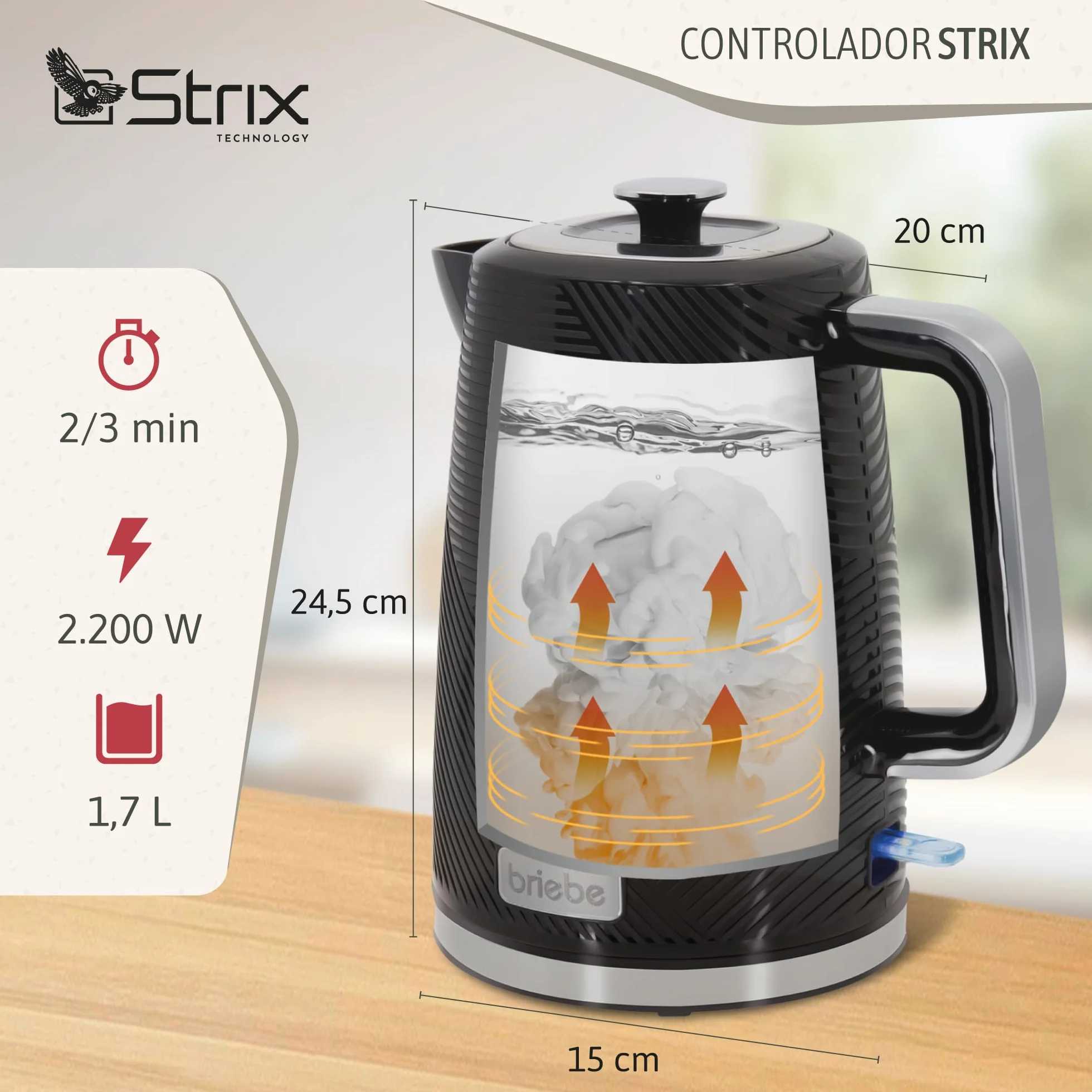 briebe Elegance Set Tostadora Pan 2 Rebanadas, 7 Niveles Tostado + Hervidor Agua Eléctrico 1,7L Inalámbrico, 2200W Libre BPA + Batidora de Mano 600W, 2 Velocidades, Acero Inoxidable, Negro