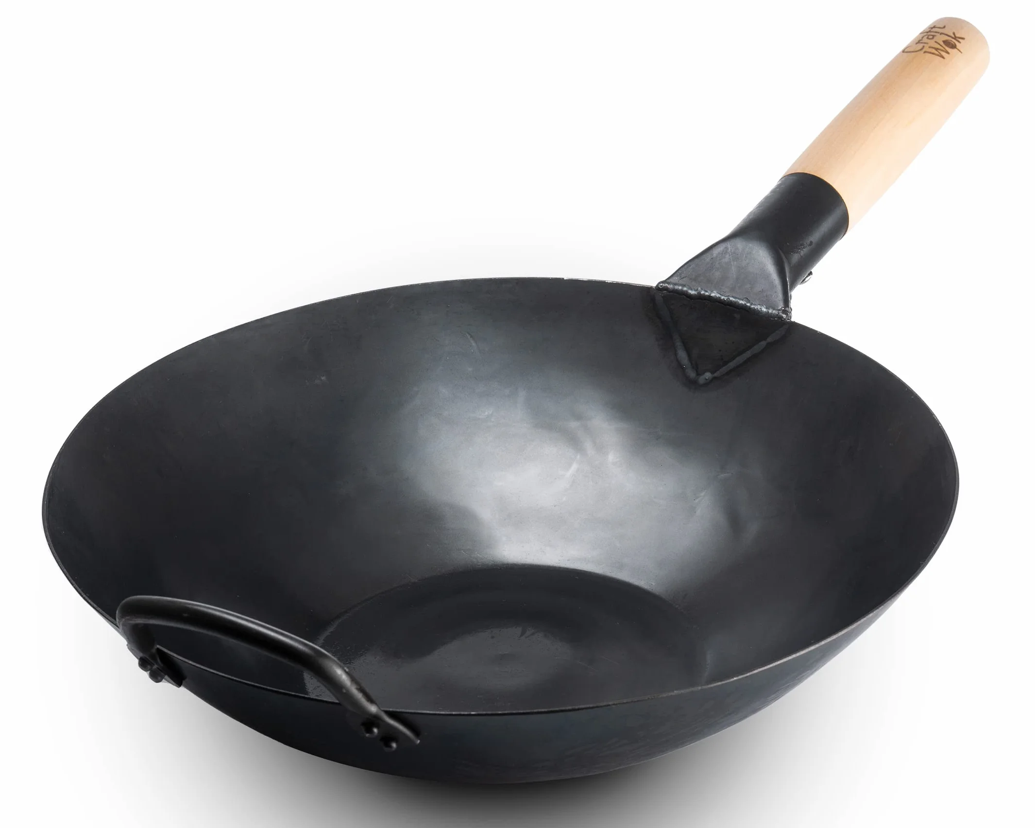 Craft Wok Black13 - Wok plano de acero al carbono martillado previamente sazonado con mango auxiliar de madera y acero (13 pulgadas, parte inferior plana)
