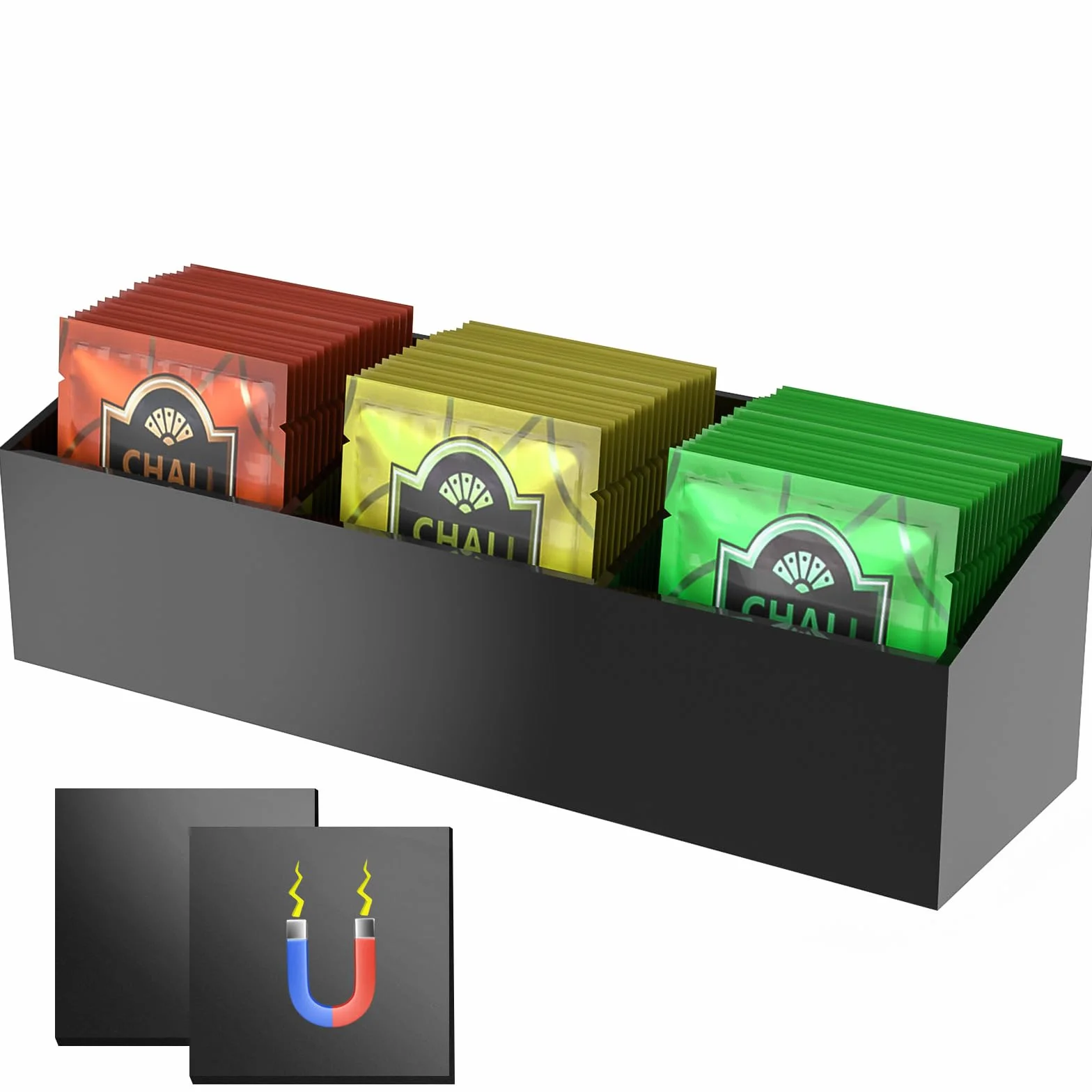 NiHome Organizador magnético de bolsas de té acrílico de tres compartimentos, solución de almacenamiento versátil para bolsas de té y artículos pequeños, diseño elegante y duradero con tamaño compacto