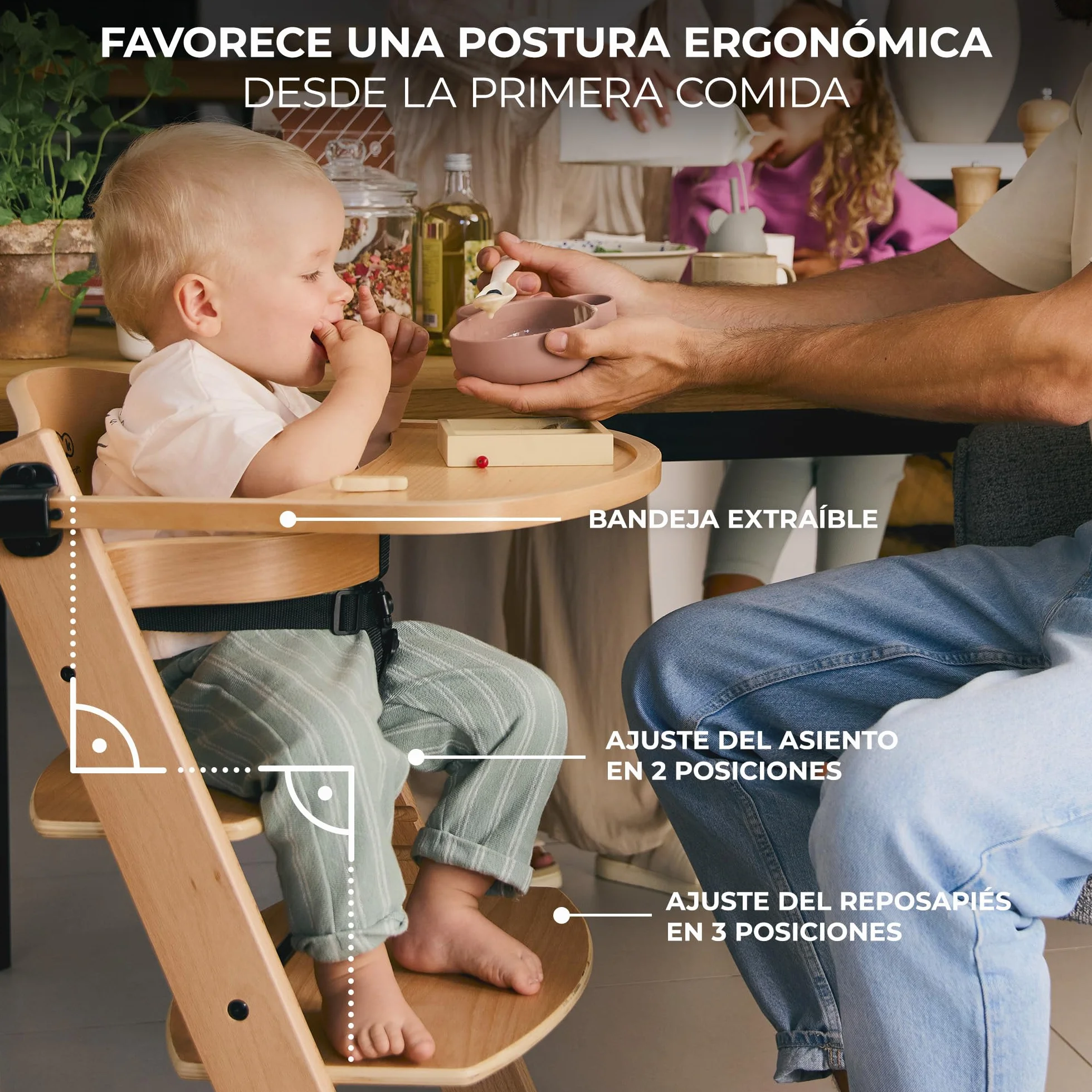 Kinderkraft ENOCK Trona bebé de Madera + Hamaca Bebé CALMEE, Silla alta Infantil Evolutiva Ergonómica, Gris