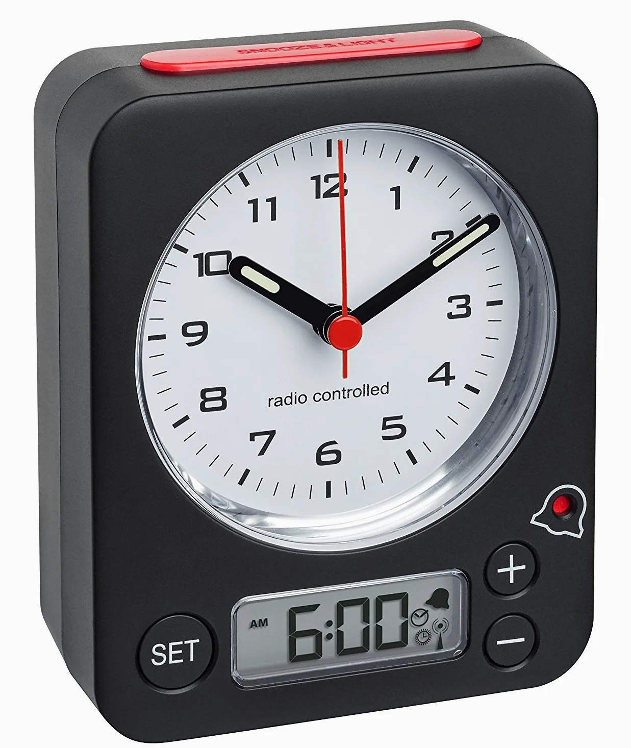 TFA-Dostmann 60.1511 Radio Despertador Combo Reloj Despertador de Viaje analógica, Negro-Rojo con baterías