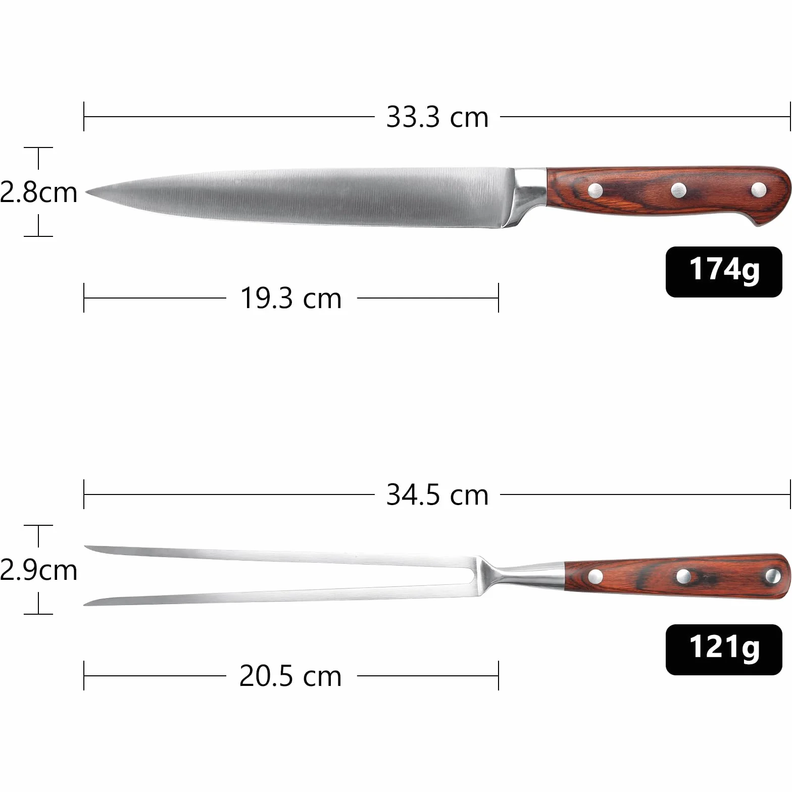 Set 2 Utensilios Barbacoa, Utensilios para Barbacoa de Acero Inoxidable, Cuchillo de trinchar y tenedor de 2 piezas, Mango de Madera 100% natural, Cuchillo para Carne y Tenedor para Carne