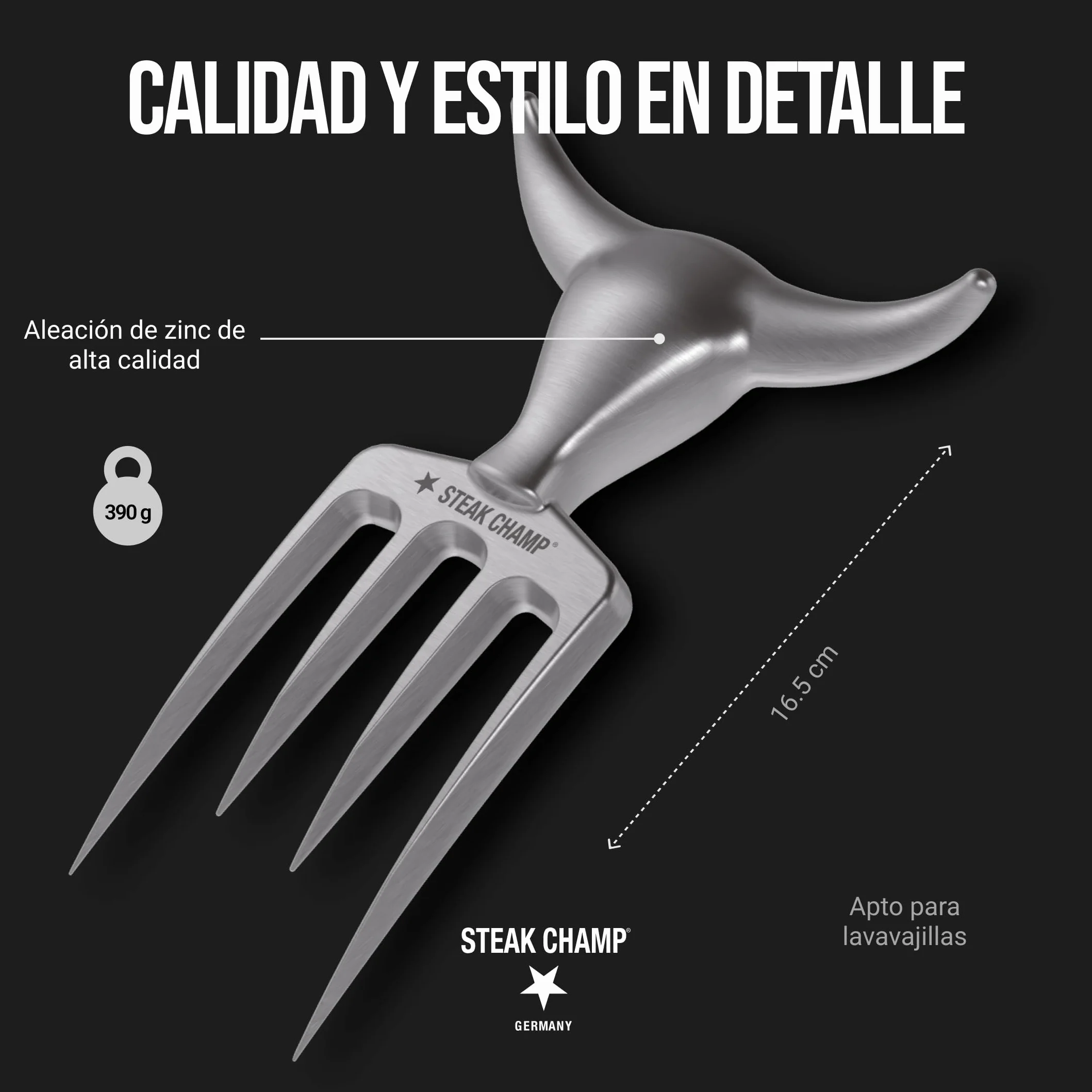Tenedor de carne Steak Champ Bull Fork, 16,5 cm: Tenedor sólido para servir, cubiertos para trinchar, con aleación de zinc, cromado, apto para lavavajillas