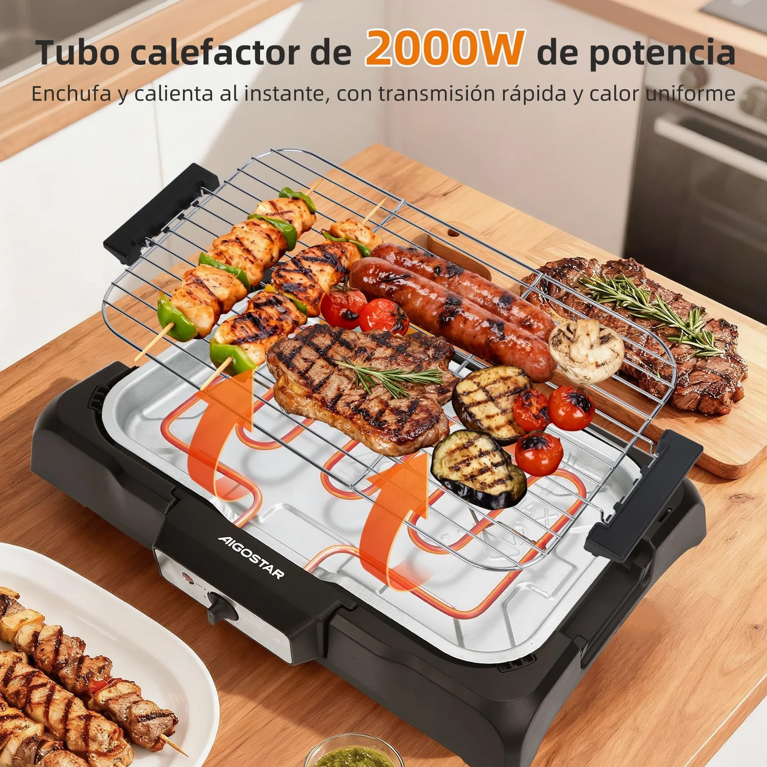 Aigostar Barbacoa electrica portatil, 2000 W, resitencia extraíble, Negro | Parrilla Inoxidable y Altura Ajustable a 2 Niveles, indicador luminoso, bandeja antigoteo, Tasty